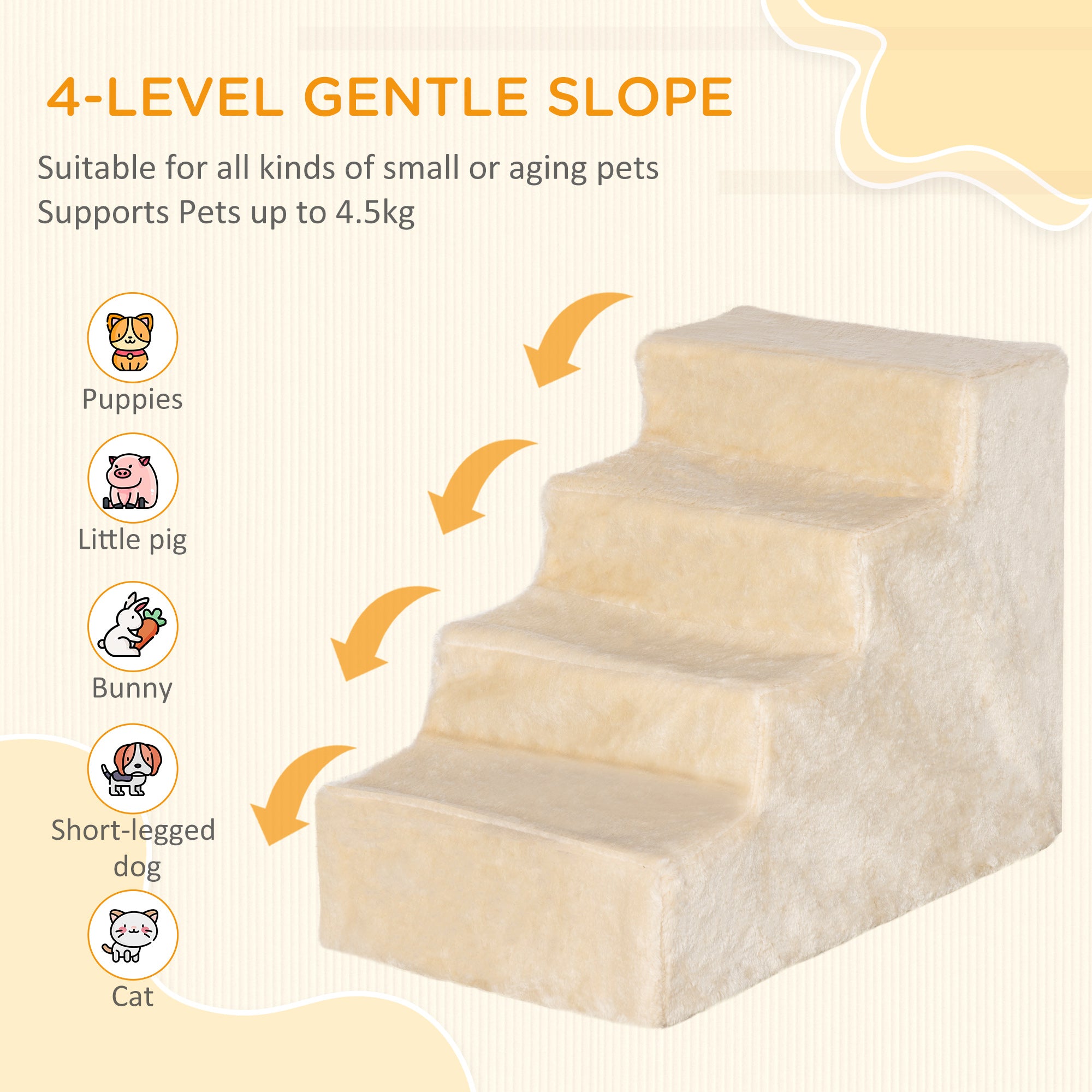 PawHut Dog Steps for Sofa, 4 Steps Dog Stairs, Pet Stairs, with Washable Plush Cover, for Small Breeds, Cats - Beige