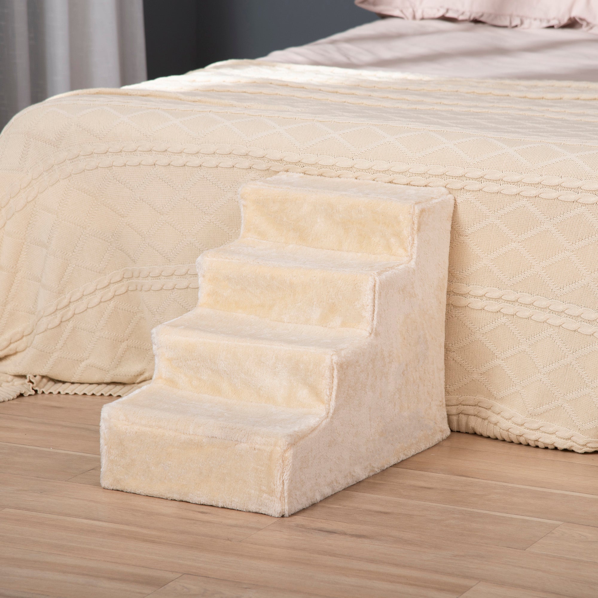 PawHut Dog Steps for Sofa, 4 Steps Dog Stairs, Pet Stairs, with Washable Plush Cover, for Small Breeds, Cats - Beige