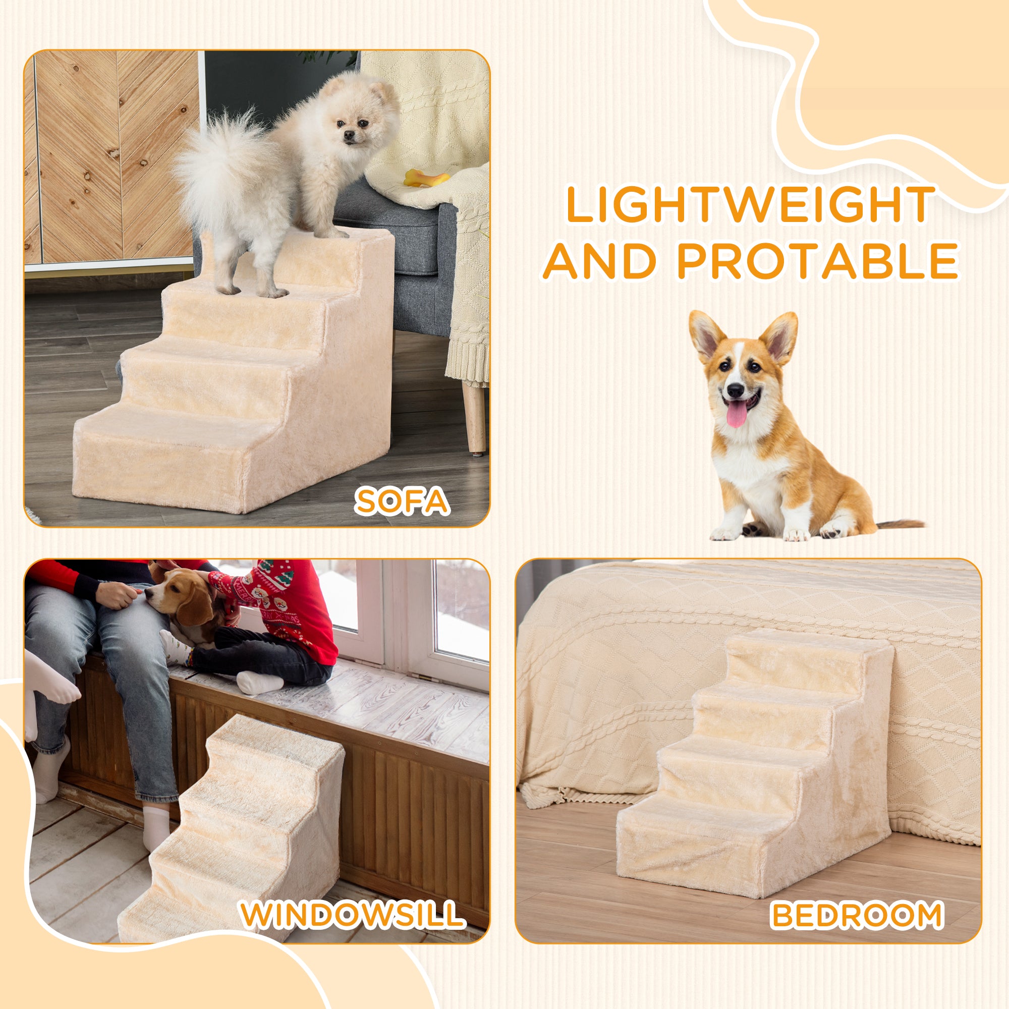 PawHut Pet Steps Ladder for Cats and Dogs, Pet Stairs, Ladder for Climbing on Bed, Sofa with Removable Cover, Beige
