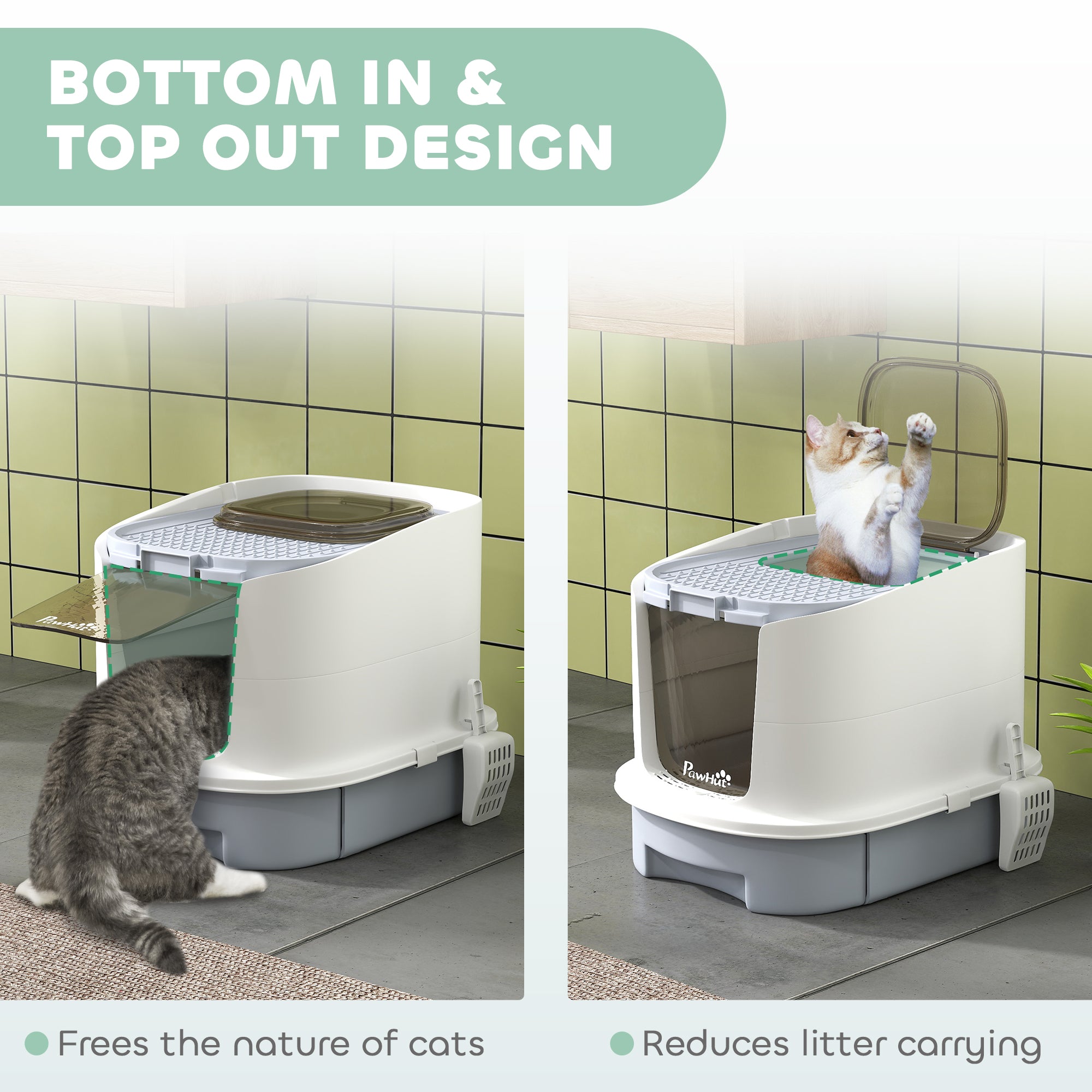 PawHut Cat Litter Box with Lid, Enclosed Kitty Litter Pen with Scoop, Top Entry, Deodorization Bags, Drawer Type Cat Litter Tray, Easy Cleaning, Grey