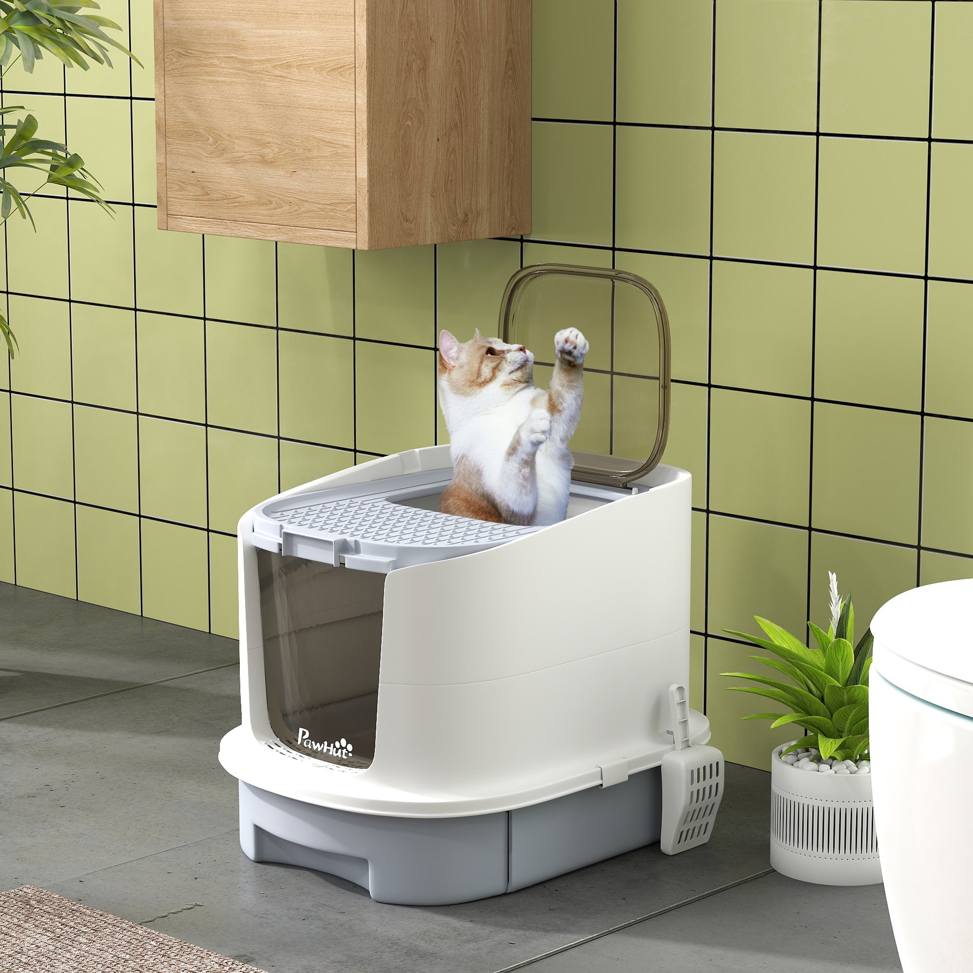 PawHut Cat Litter Box with Lid, Enclosed Kitty Litter Pen with Scoop, Top Entry, Deodorization Bags, Drawer Type Cat Litter Tray, Easy Cleaning, Grey