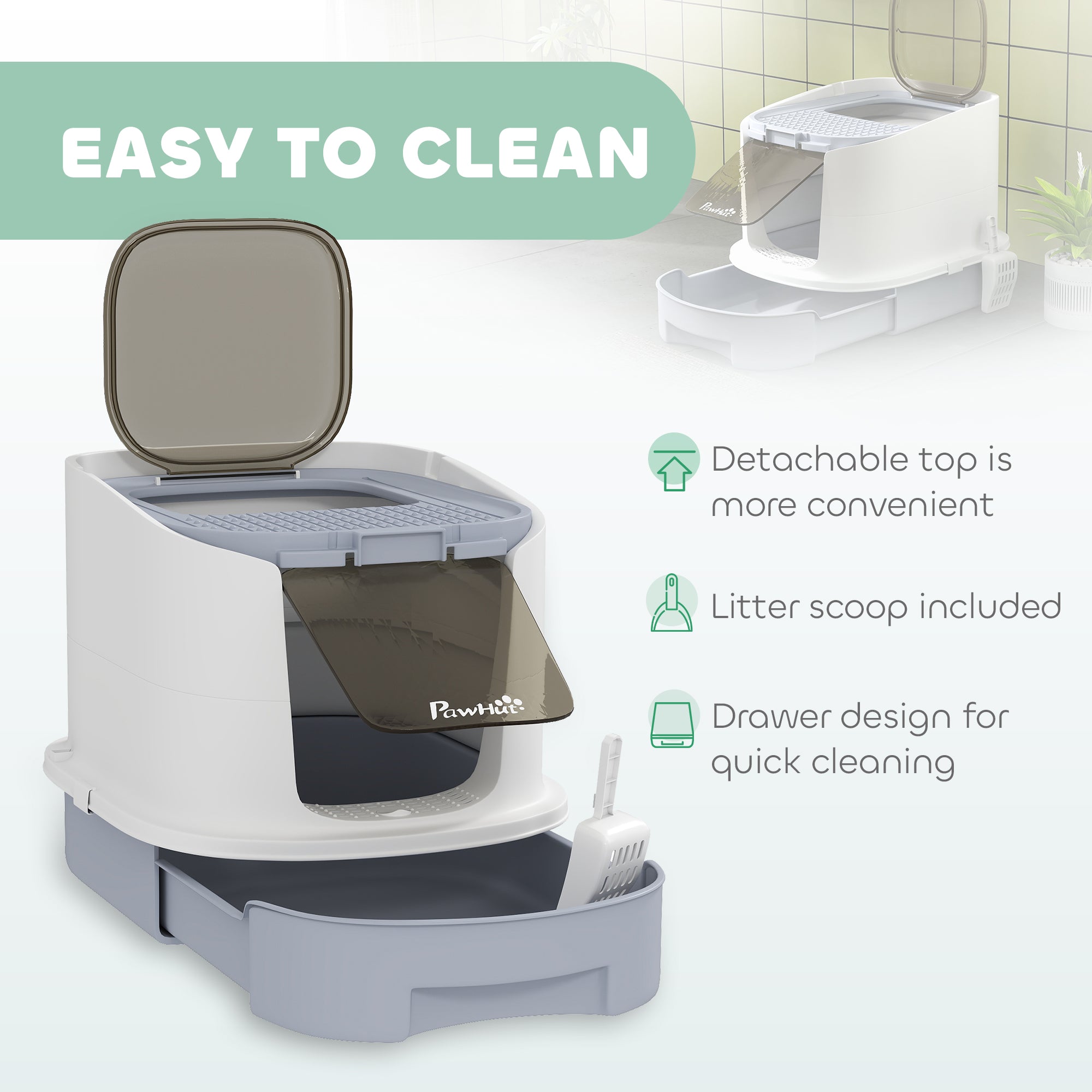 PawHut Cat Litter Box with Lid, Enclosed Kitty Litter Pen with Scoop, Top Entry, Deodorization Bags, Drawer Type Cat Litter Tray, Easy Cleaning, Grey