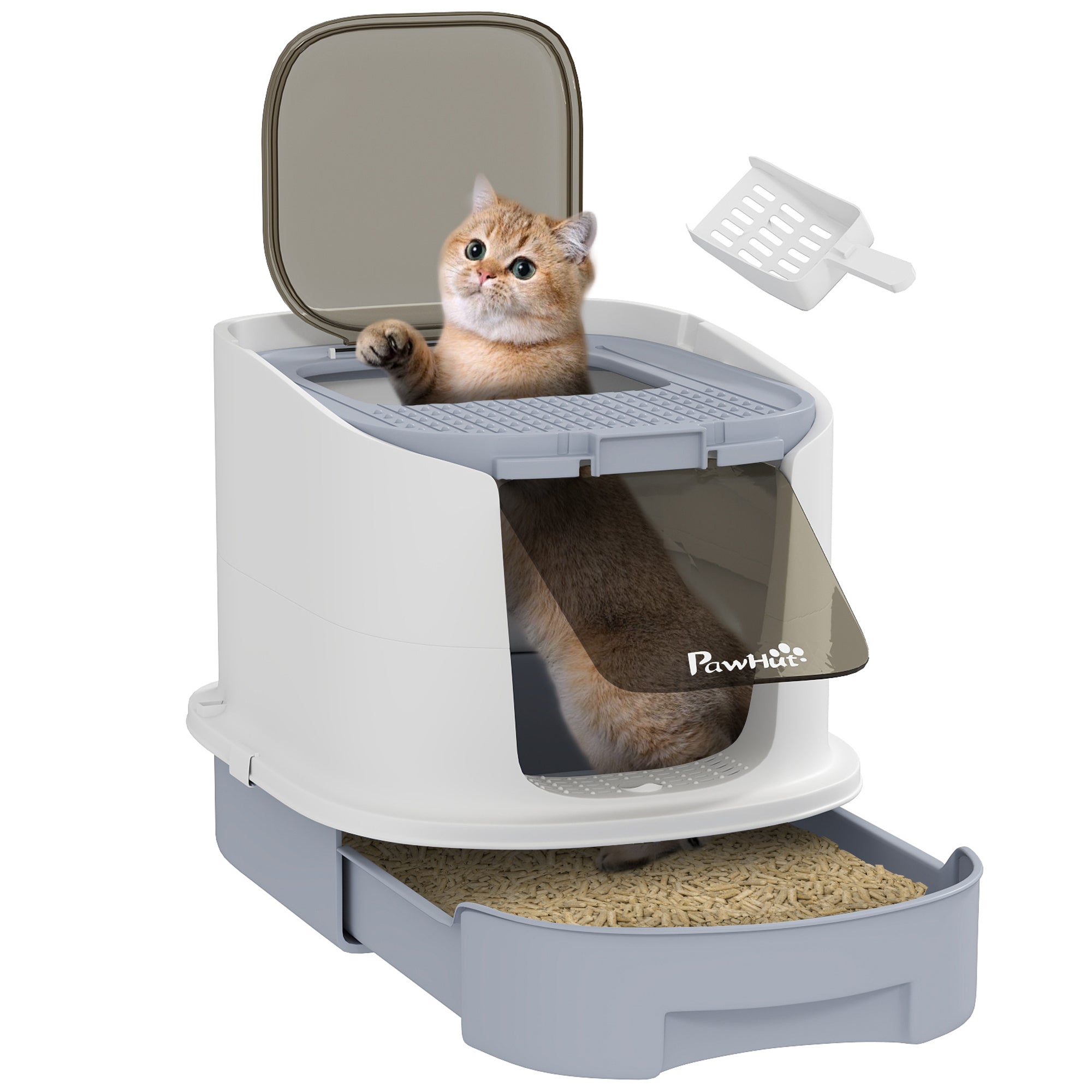 PawHut Cat Litter Box with Lid, Enclosed Kitty Litter Pen with Scoop, Top Entry, Deodorization Bags, Drawer Type Cat Litter Tray, Easy Cleaning, Grey