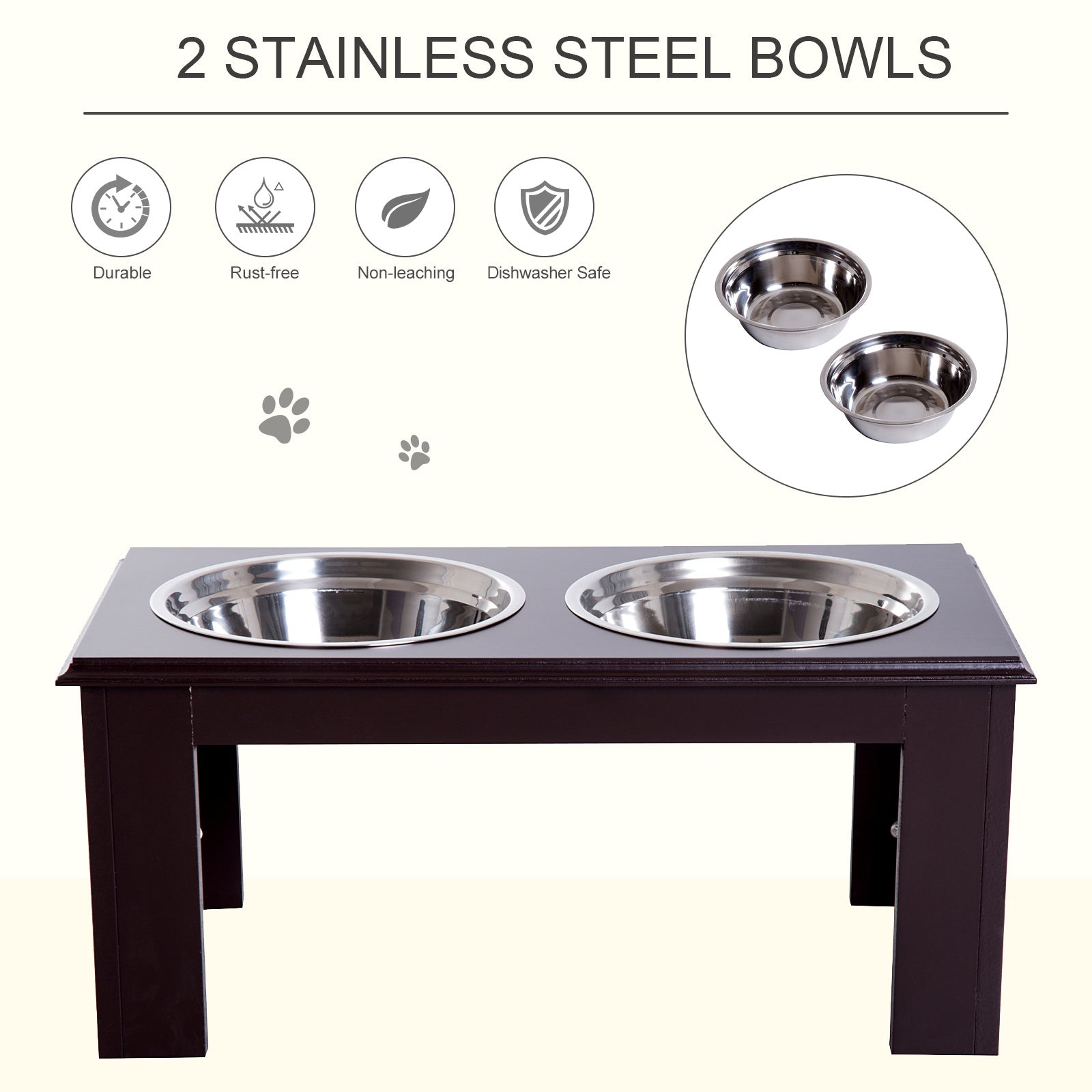 PawHut 10" Height Dog Feeding Station for Messy Pets, Stainless Steel Elevated Dog Bowls with Modern Wooden Frame, Dog Food Stand Pet Feeding Station, Dark Brown