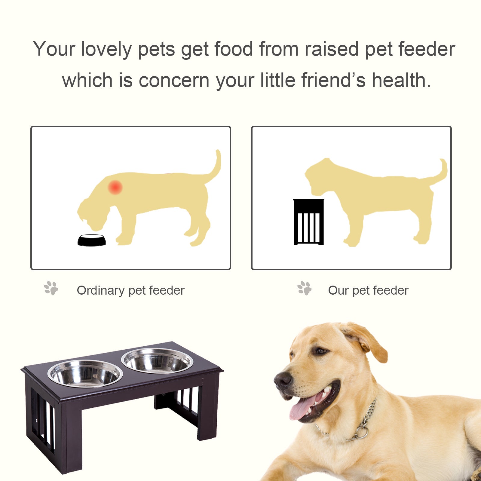 PawHut 10" Height Dog Feeding Station for Messy Pets, Stainless Steel Elevated Dog Bowls with Modern Wooden Frame, Dog Food Stand Pet Feeding Station, Dark Brown