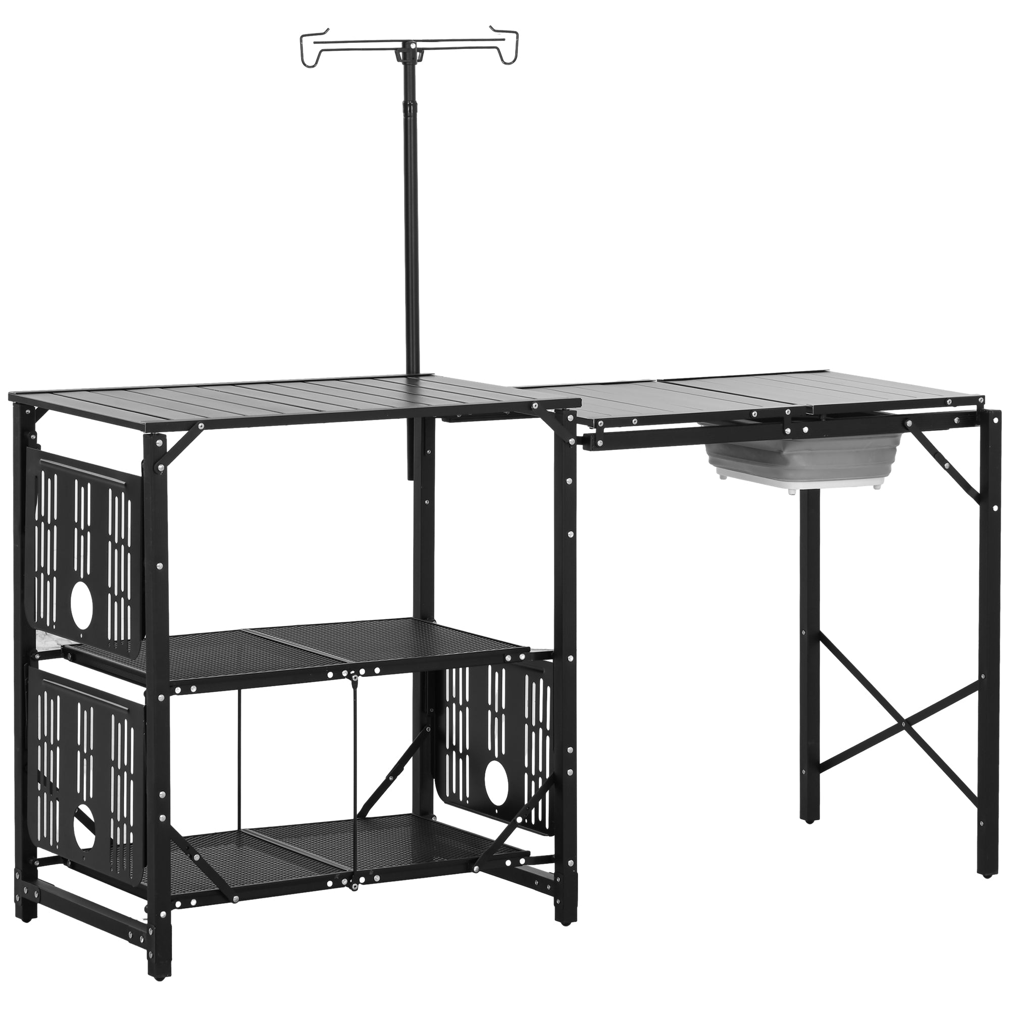 Outsunny Camping Kitchen Table, Folding Portable Cook Station, Aluminum Camping Table with Carrying Bag, 3 Side Tables, 2 Shelves and Detachable Sink for BBQ, RV, Picnic, Black