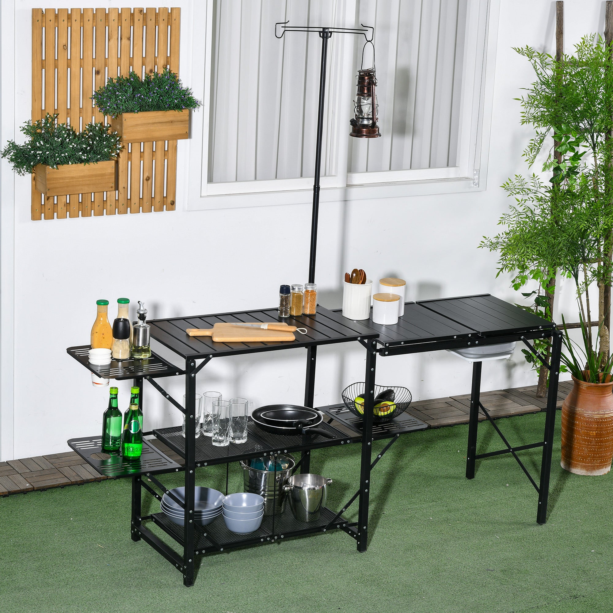 Outsunny Camping Kitchen Table, Folding Portable Cook Station, Aluminum Camping Table with Carrying Bag, 3 Side Tables, 2 Shelves and Detachable Sink for BBQ, RV, Picnic, Black