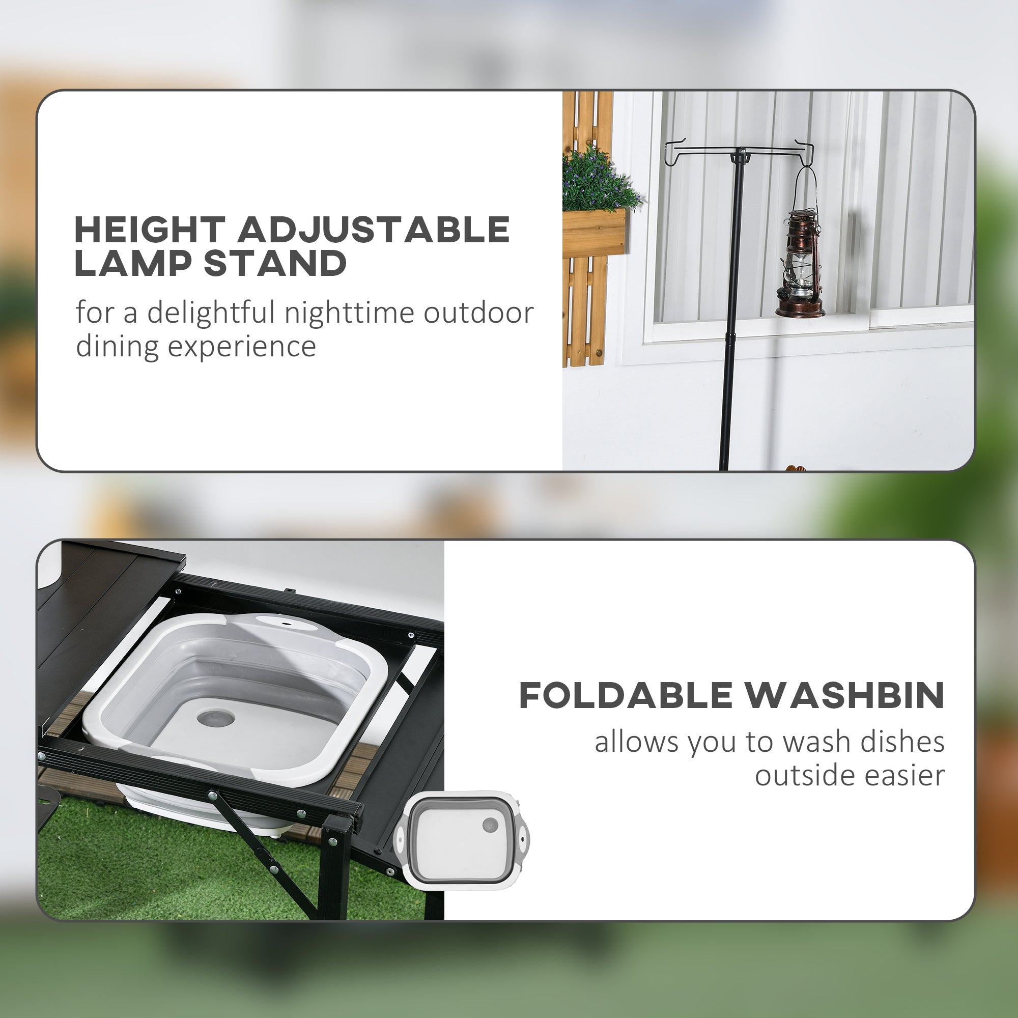 Outsunny Camping Kitchen Table, Folding Portable Cook Station, Aluminum Camping Table with Carrying Bag, 3 Side Tables, 2 Shelves and Detachable Sink for BBQ, RV, Picnic, Black