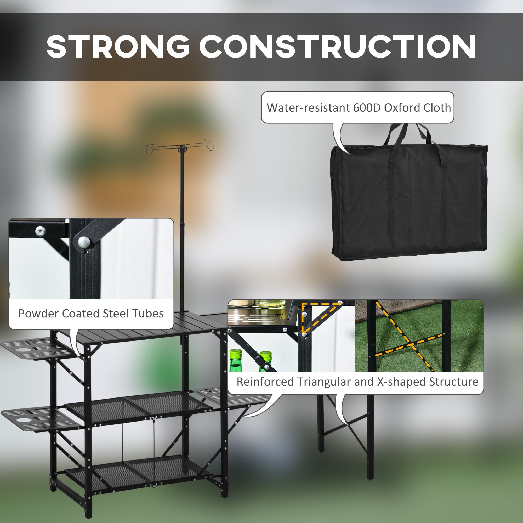 Outsunny Camping Kitchen Table, Folding Portable Cook Station, Aluminum Camping Table with Carrying Bag, 3 Side Tables, 2 Shelves and Detachable Sink for BBQ, RV, Picnic, Black