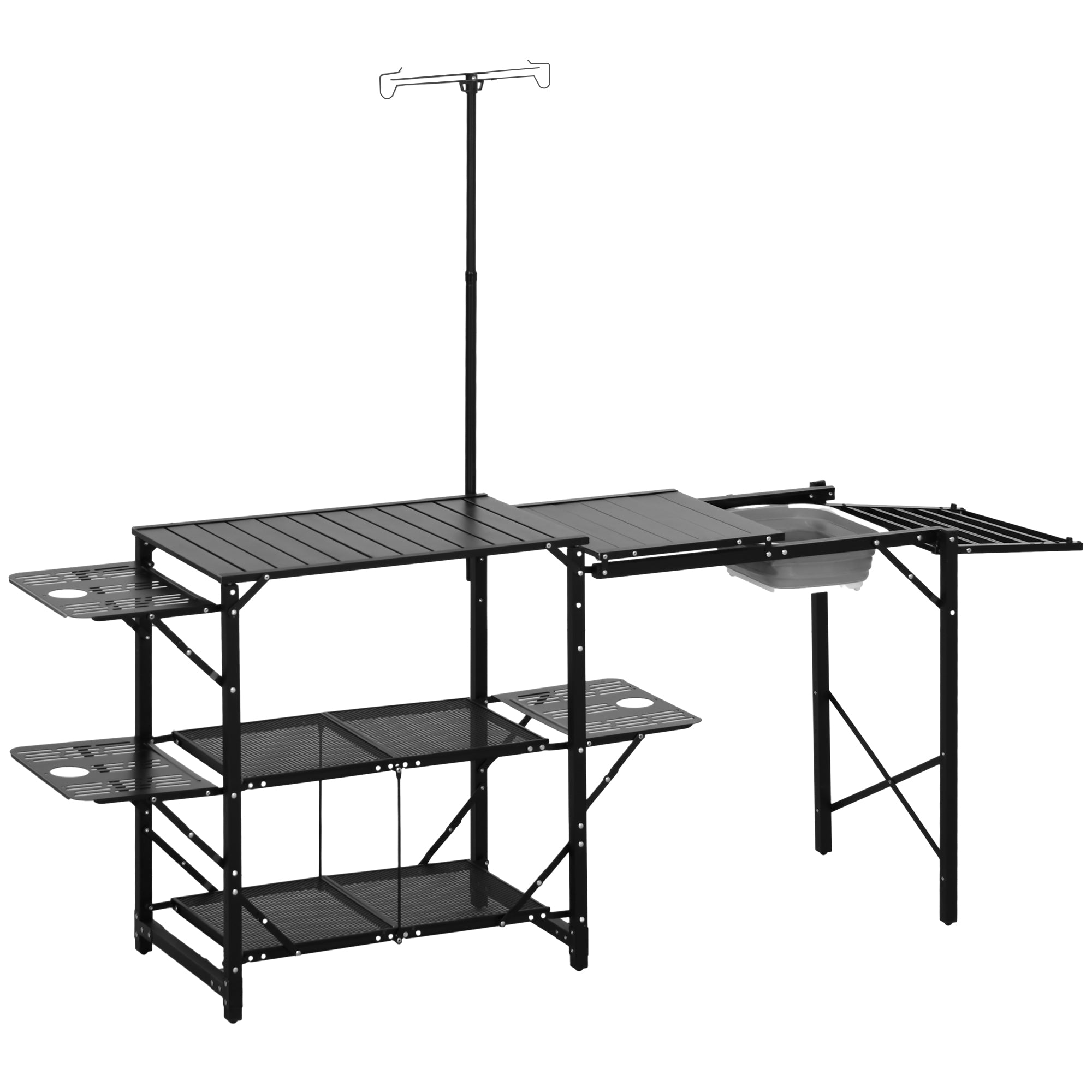 Outsunny Camping Kitchen Table, Folding Portable Cook Station, Aluminum Camping Table with Carrying Bag, 3 Side Tables, 2 Shelves and Detachable Sink for BBQ, RV, Picnic, Black