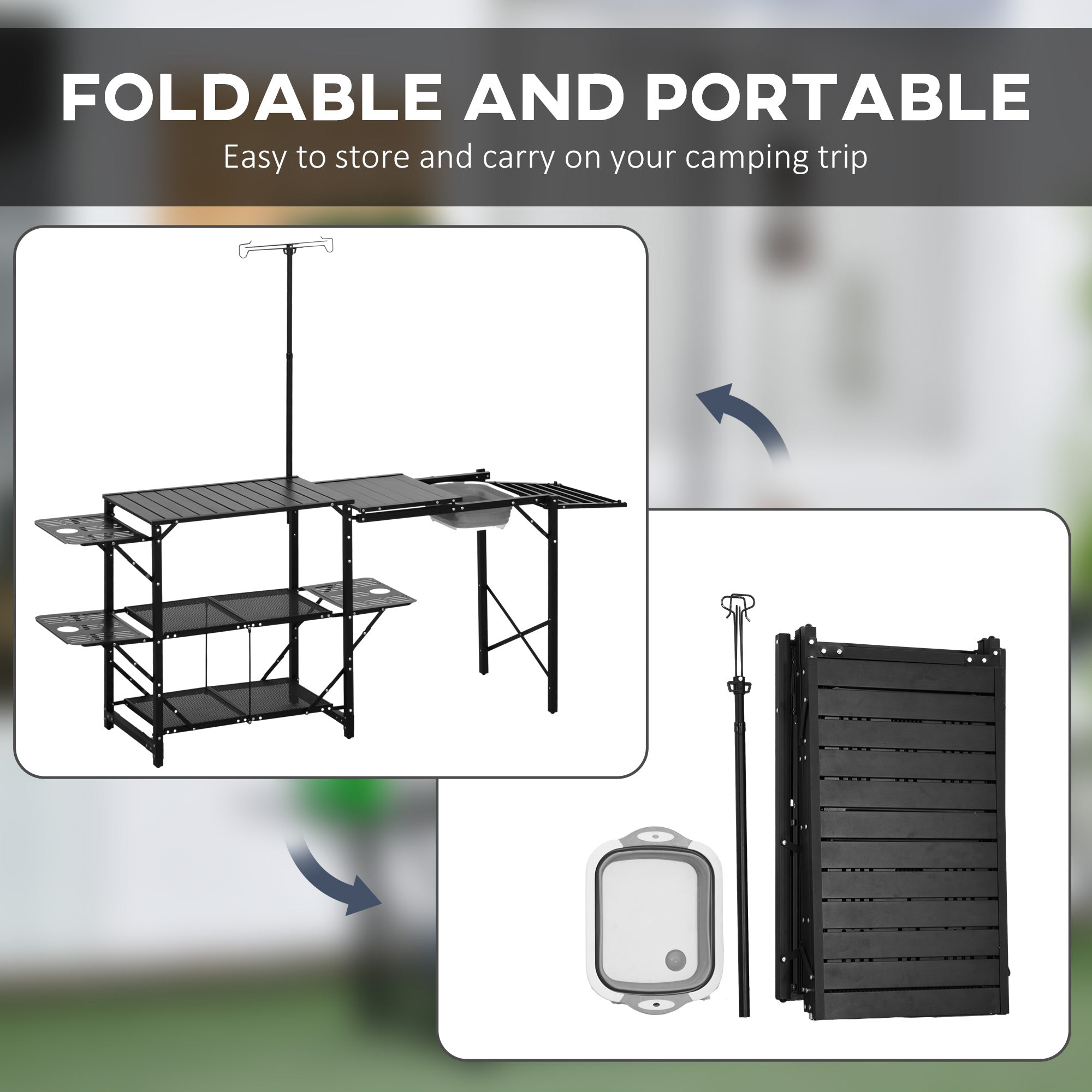 Outsunny Camping Kitchen Table, Folding Portable Cook Station, Aluminum Camping Table with Carrying Bag, 3 Side Tables, 2 Shelves and Detachable Sink for BBQ, RV, Picnic, Black