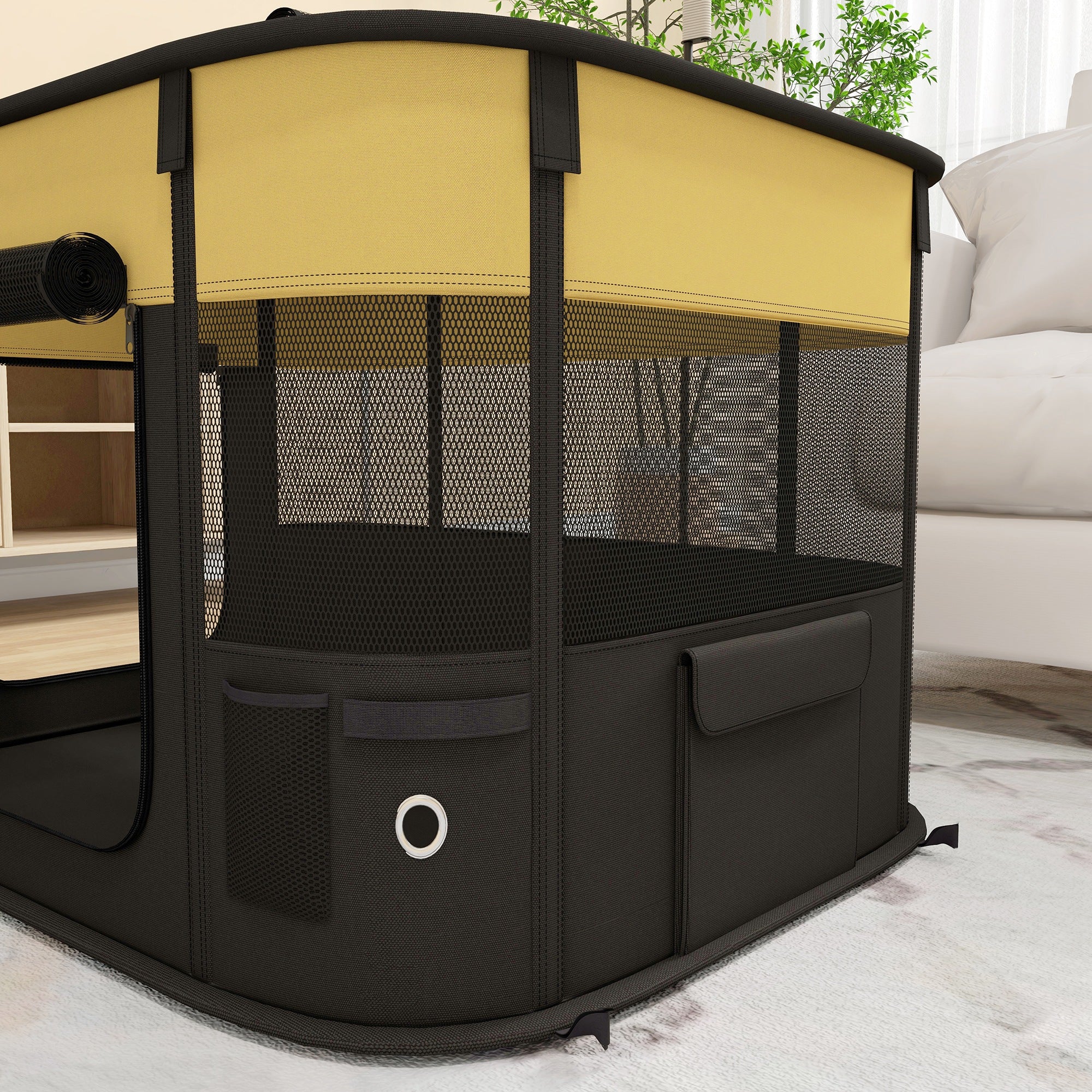 PawHut Dog Pen, Pet Playpen, Portable Foldable Dog Cat Playpen Soft Dog Cage with Storage Bag for Puppies, Rabbits, Kittens, Guinea Pigs, 84 x 64 x 53cm - Yellow
