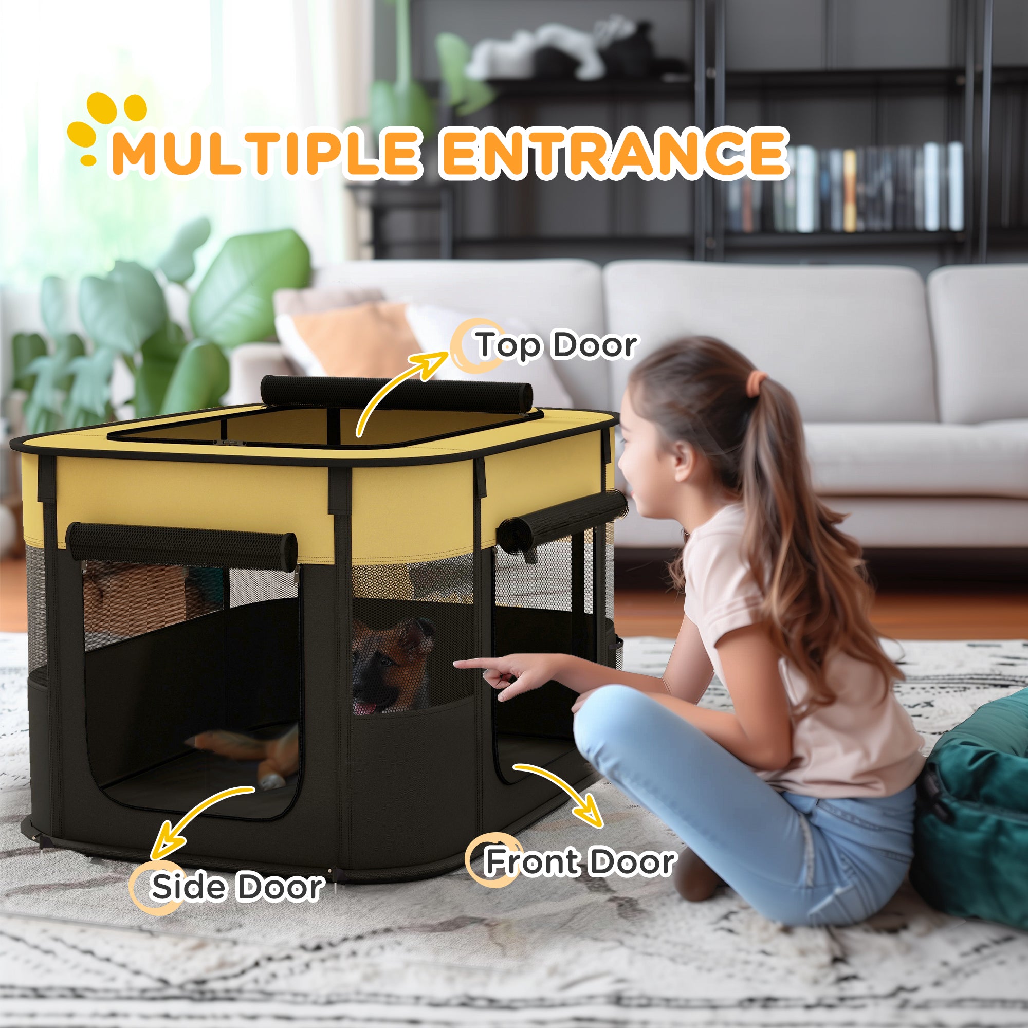 PawHut Dog Pen, Pet Playpen, Portable Foldable Dog Cat Playpen Soft Dog Cage with Storage Bag for Puppies, Rabbits, Kittens, Guinea Pigs, 84 x 64 x 53cm - Yellow
