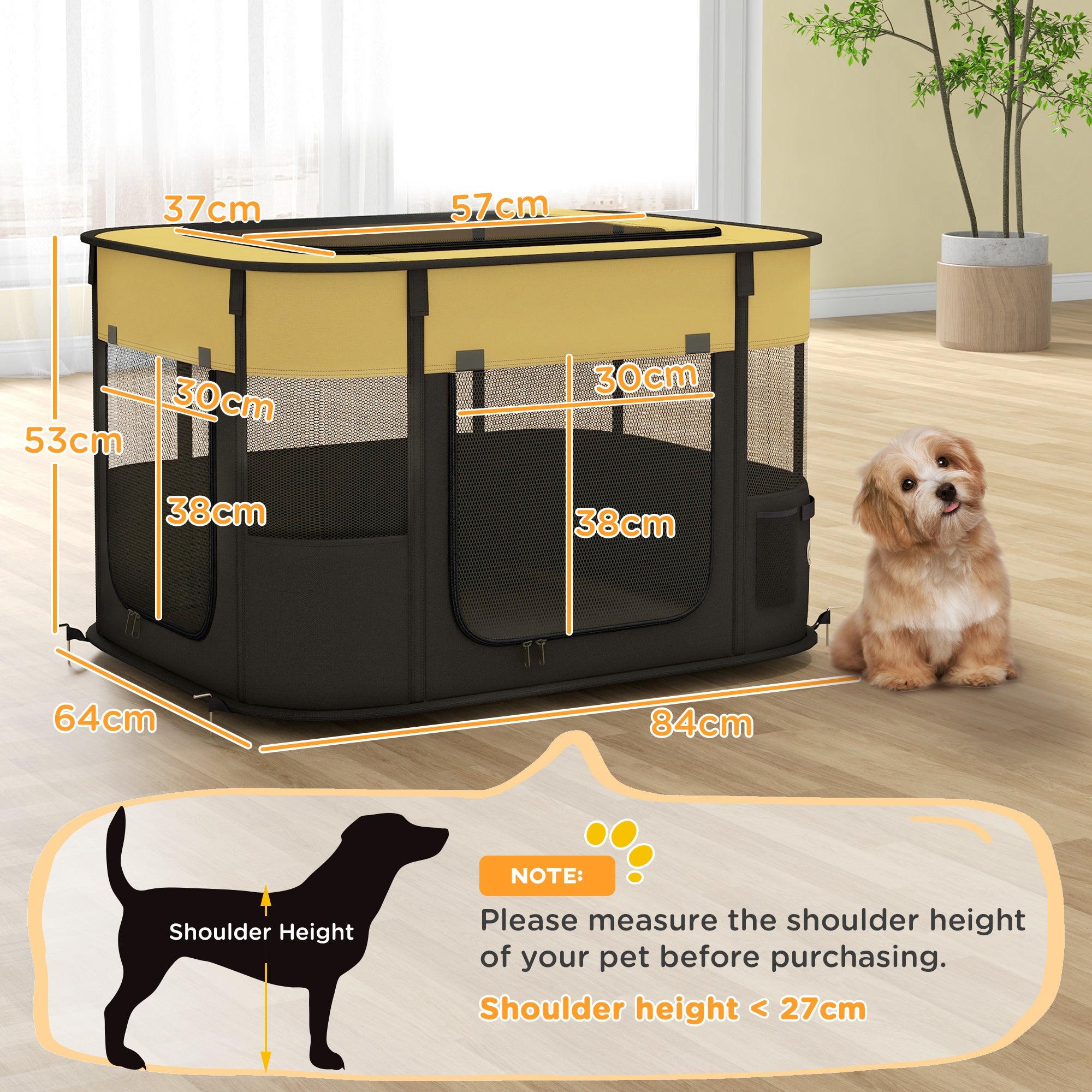 PawHut Dog Pen, Pet Playpen, Portable Foldable Dog Cat Playpen Soft Dog Cage with Storage Bag for Puppies, Rabbits, Kittens, Guinea Pigs, 84 x 64 x 53cm - Yellow
