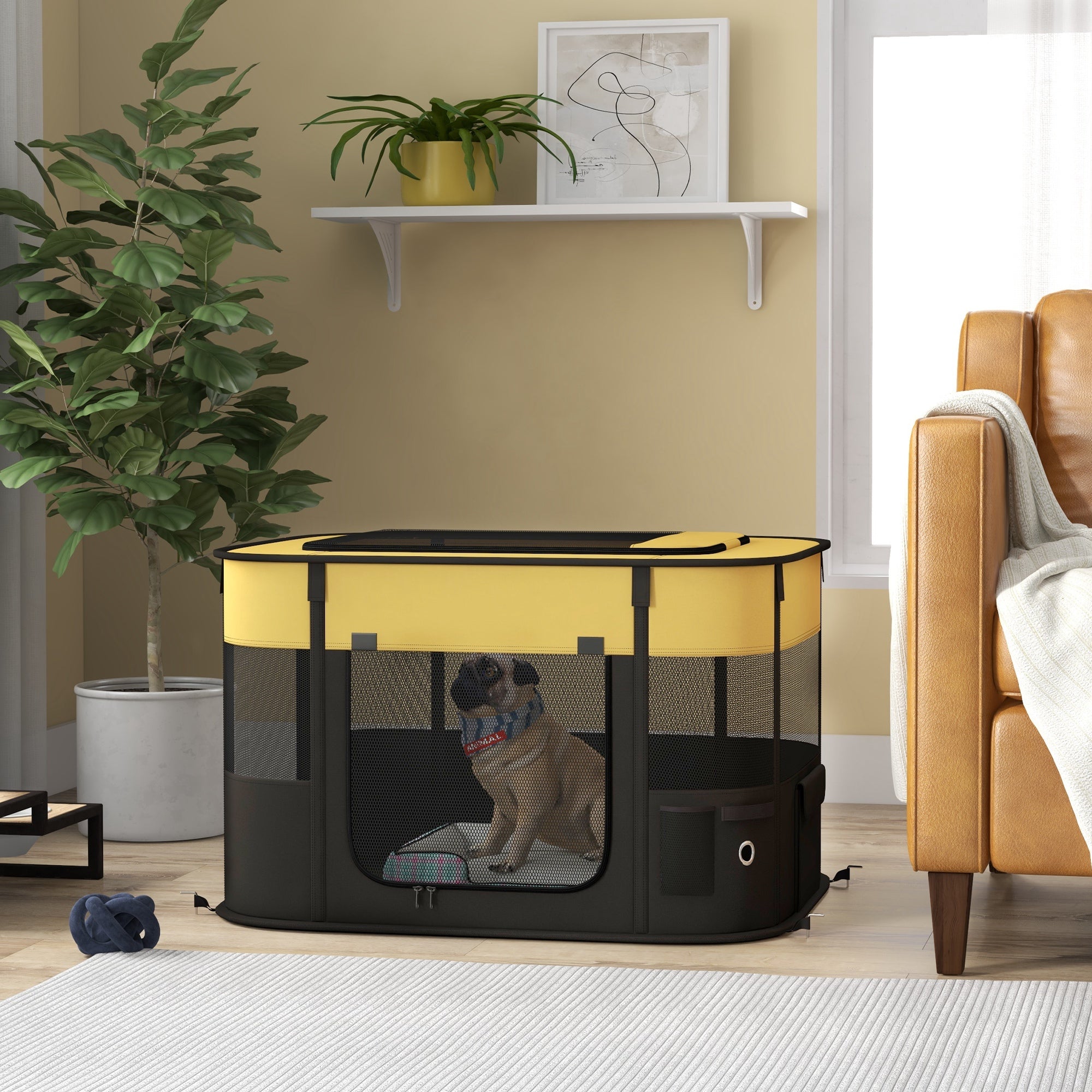 PawHut Dog Pen, Pet Playpen, Portable Foldable Dog Cat Playpen Soft Dog Cage with Storage Bag for Puppies, Rabbits, Kittens, Guinea Pigs, 84 x 64 x 53cm - Yellow