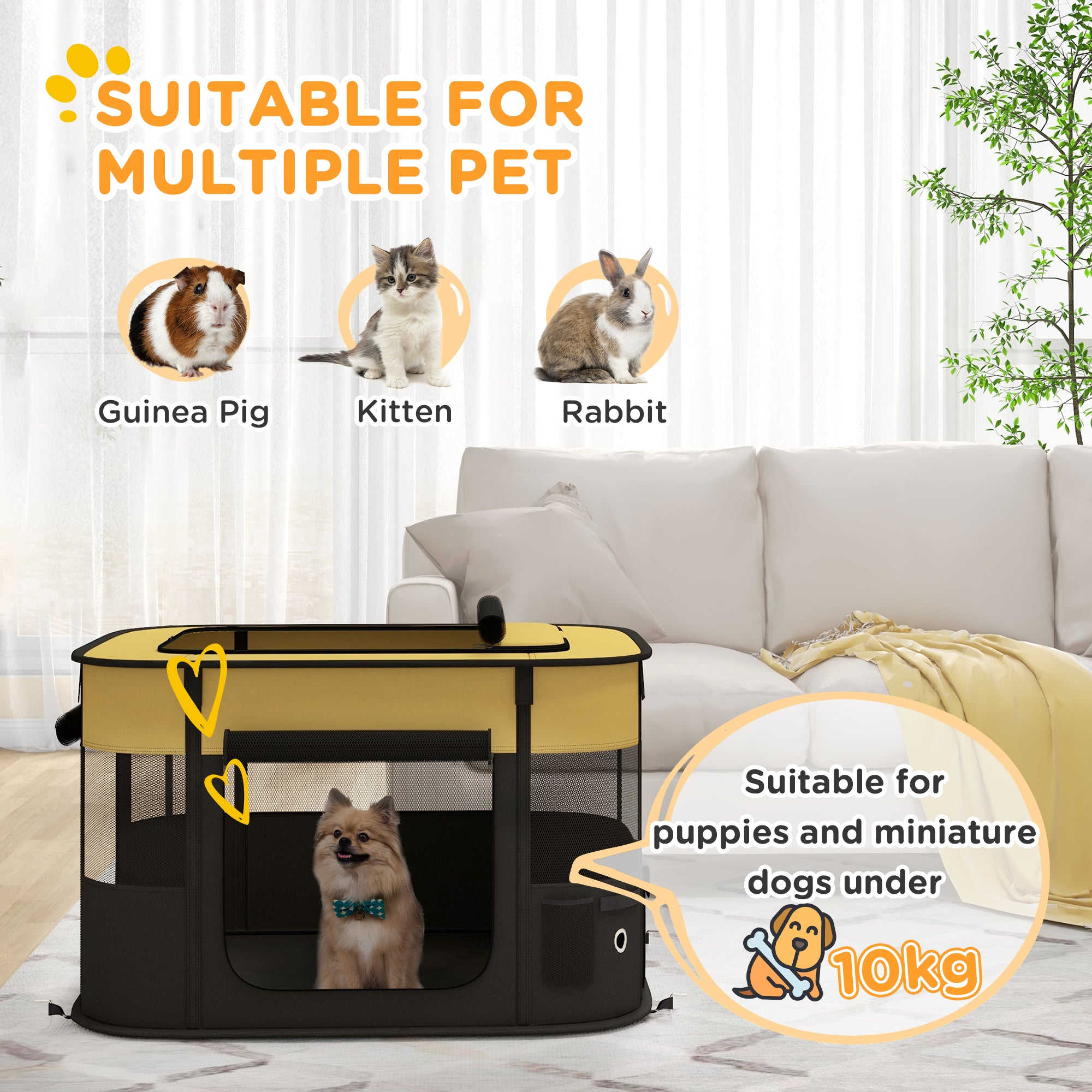 PawHut Dog Pen, Pet Playpen, Portable Foldable Dog Cat Playpen Soft Dog Cage with Storage Bag for Puppies, Rabbits, Kittens, Guinea Pigs, 84 x 64 x 53cm - Yellow
