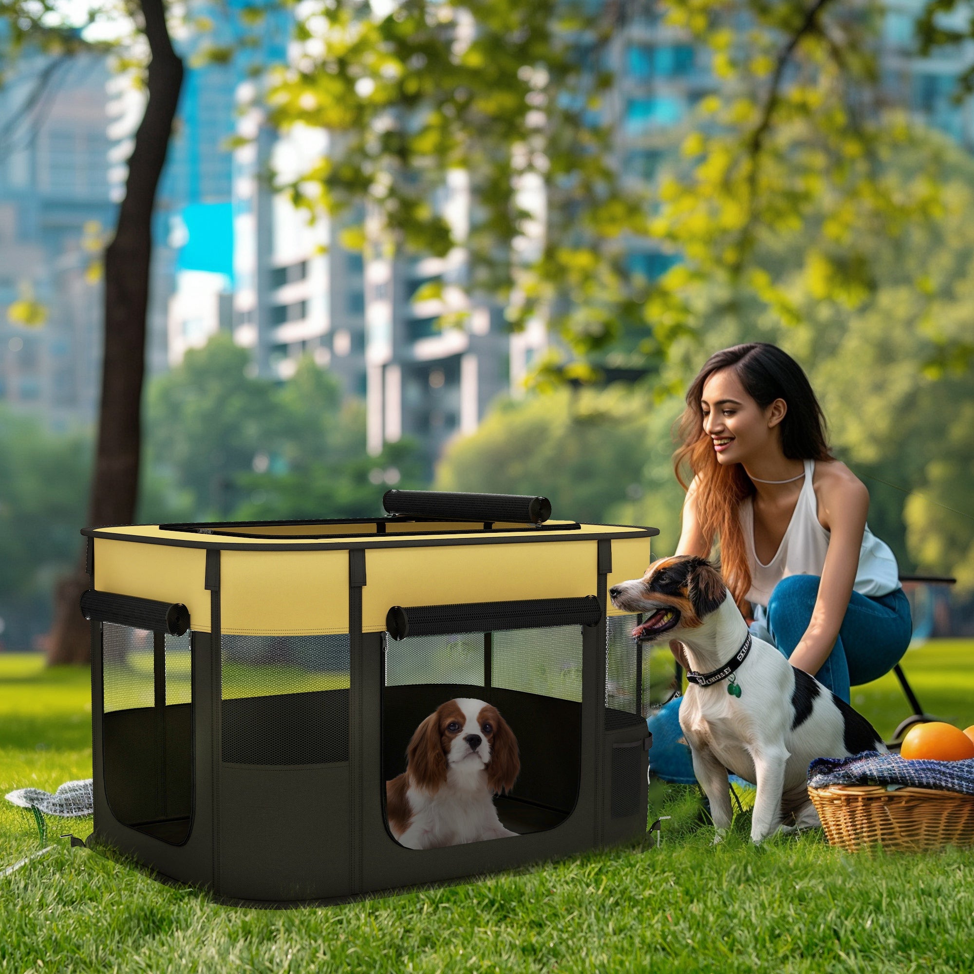 PawHut Dog Pen, Pet Playpen, Portable Foldable Dog Cat Playpen Soft Dog Cage with Storage Bag for Puppies, Rabbits, Kittens, Guinea Pigs, 84 x 64 x 53cm - Yellow