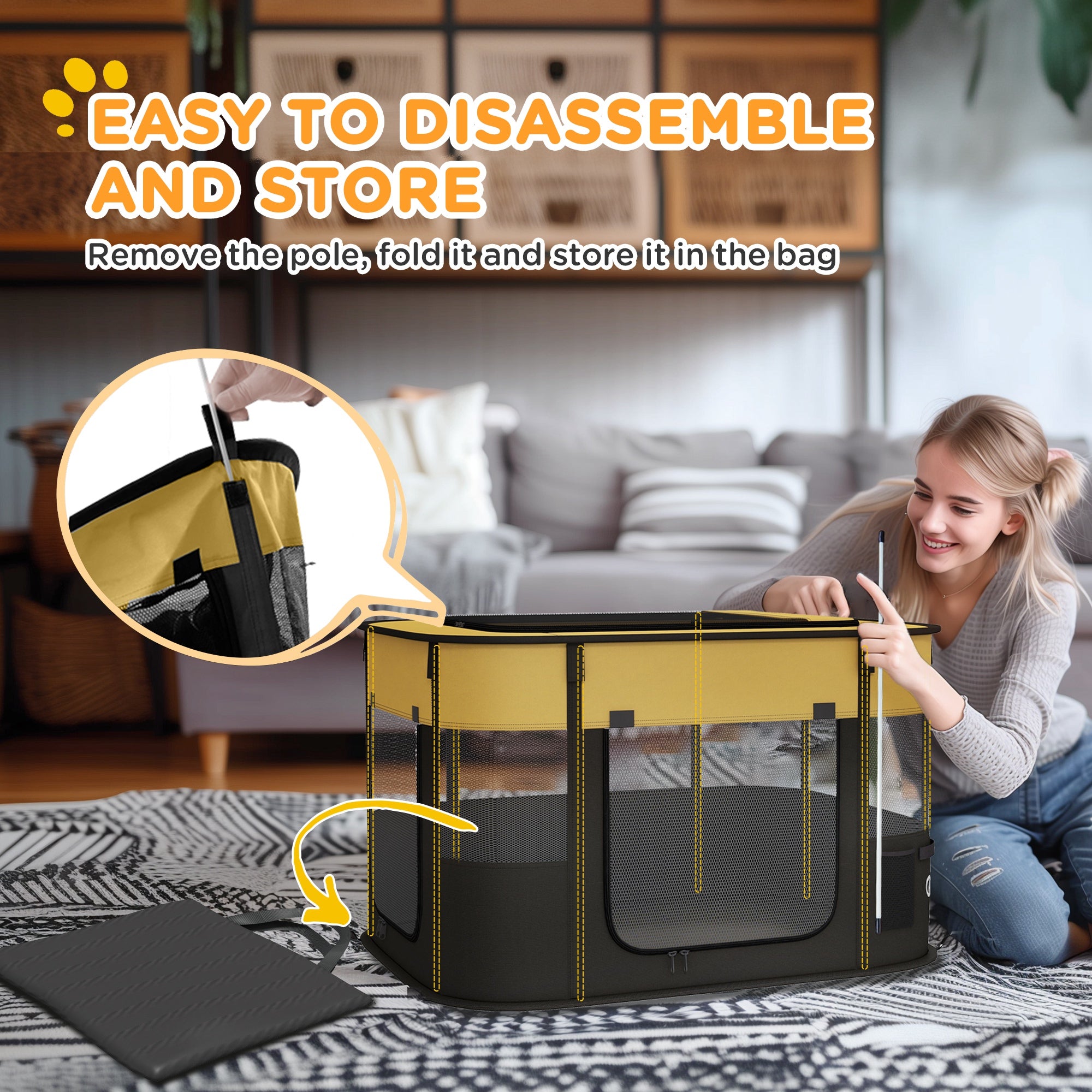 PawHut Dog Pen, Pet Playpen, Portable Foldable Dog Cat Playpen Soft Dog Cage with Storage Bag for Puppies, Rabbits, Kittens, Guinea Pigs, 84 x 64 x 53cm - Yellow