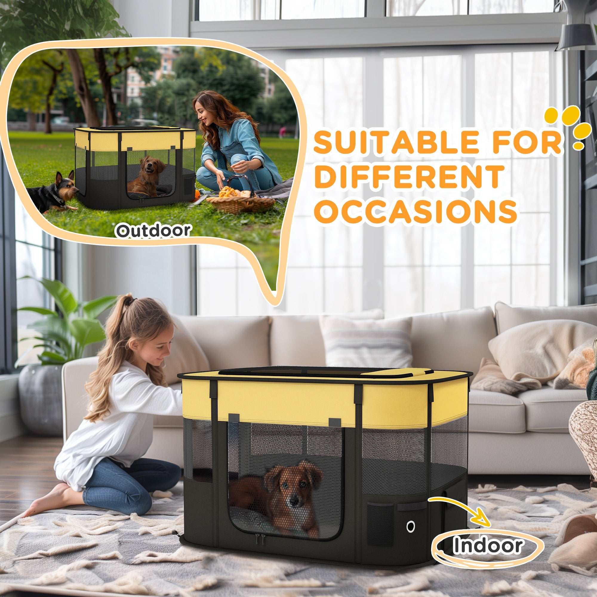 PawHut Dog Pen, Pet Playpen, Portable Foldable Dog Cat Playpen Soft Dog Cage with Storage Bag for Puppies, Rabbits, Kittens, Guinea Pigs, 84 x 64 x 53cm - Yellow