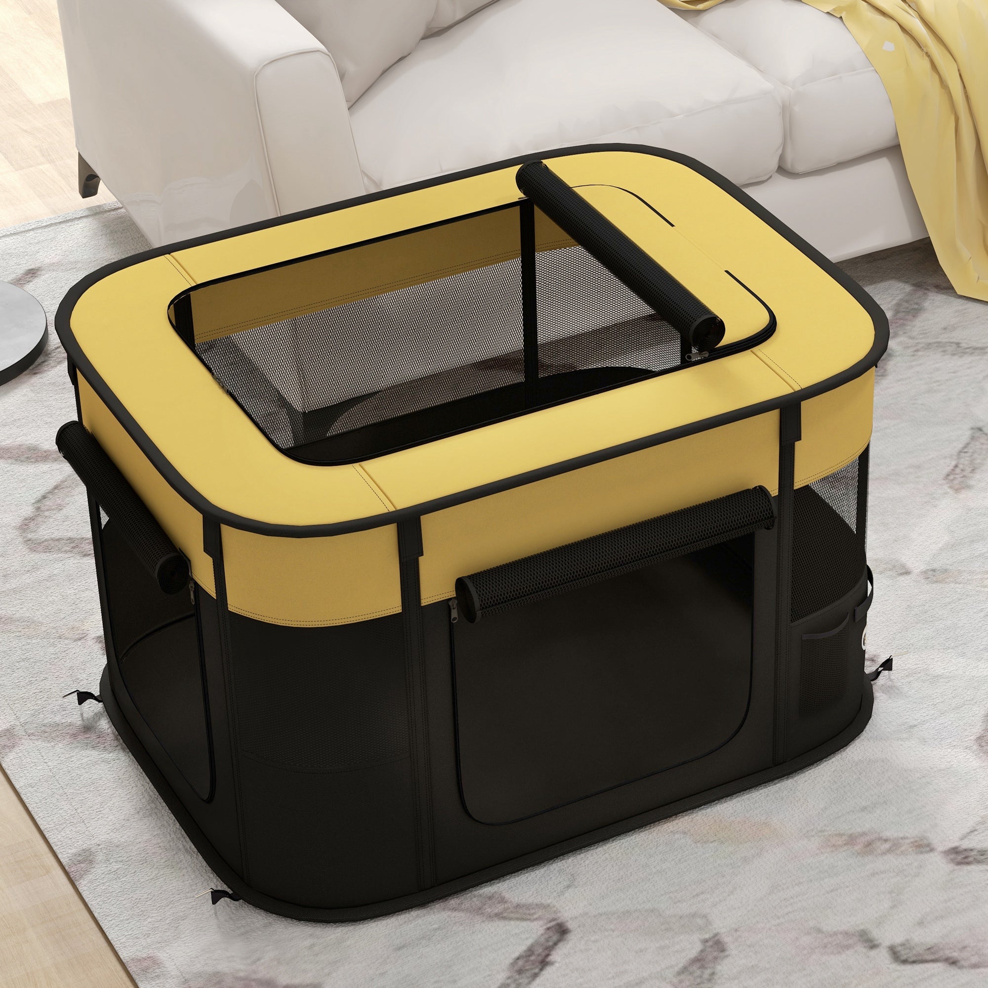 PawHut Dog Pen, Pet Playpen, Portable Foldable Dog Cat Playpen Soft Dog Cage with Storage Bag for Puppies, Rabbits, Kittens, Guinea Pigs, 84 x 64 x 53cm - Yellow