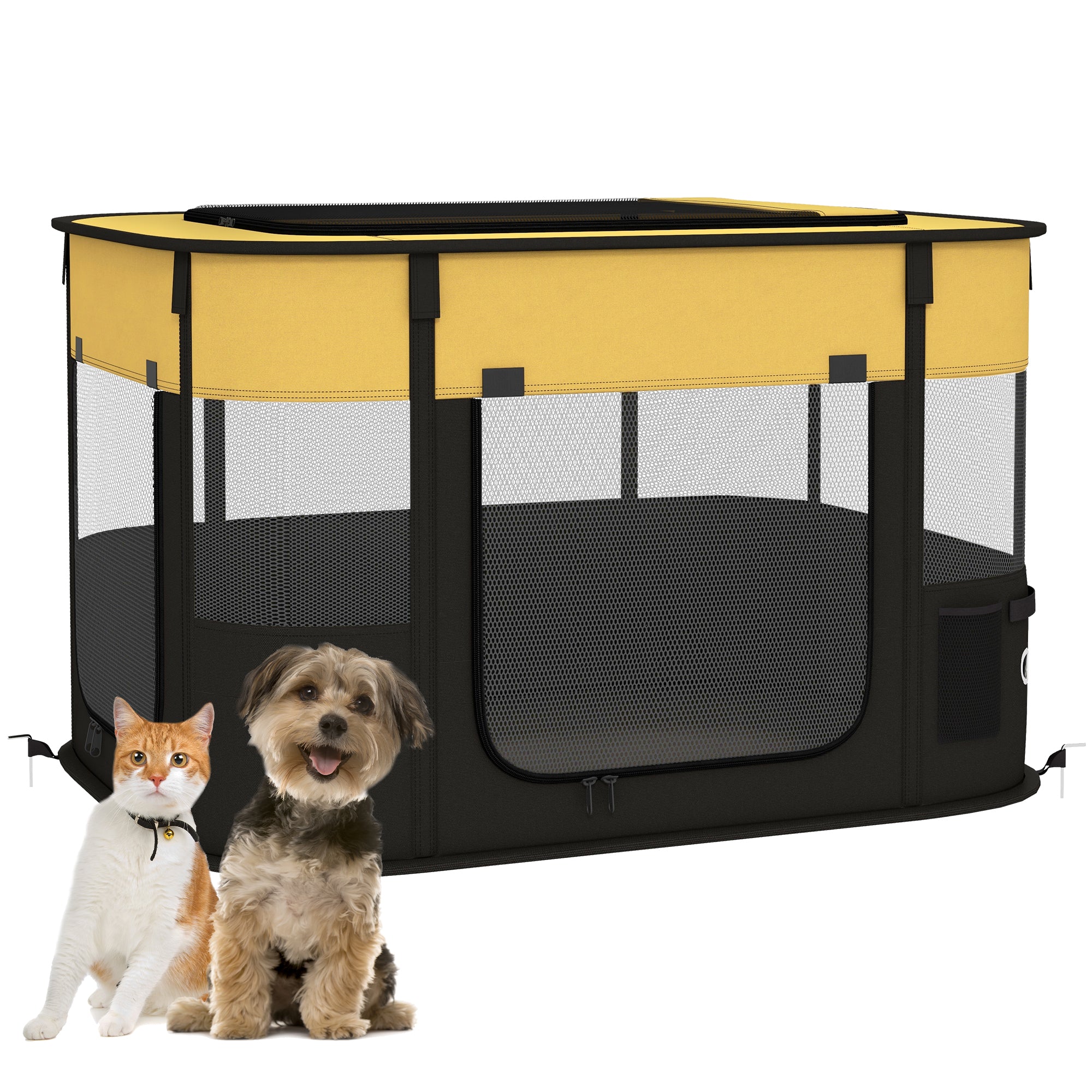 PawHut Dog Pen, Pet Playpen, Portable Foldable Dog Cat Playpen Soft Dog Cage with Storage Bag for Puppies, Rabbits, Kittens, Guinea Pigs, 84 x 64 x 53cm - Yellow