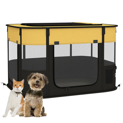 PawHut Dog Pen, Pet Playpen, Portable Foldable Dog Cat Playpen Soft Dog Cage with Storage Bag for Puppies, Rabbits, Kittens, Guinea Pigs, 84 x 64 x 53cm - Yellow