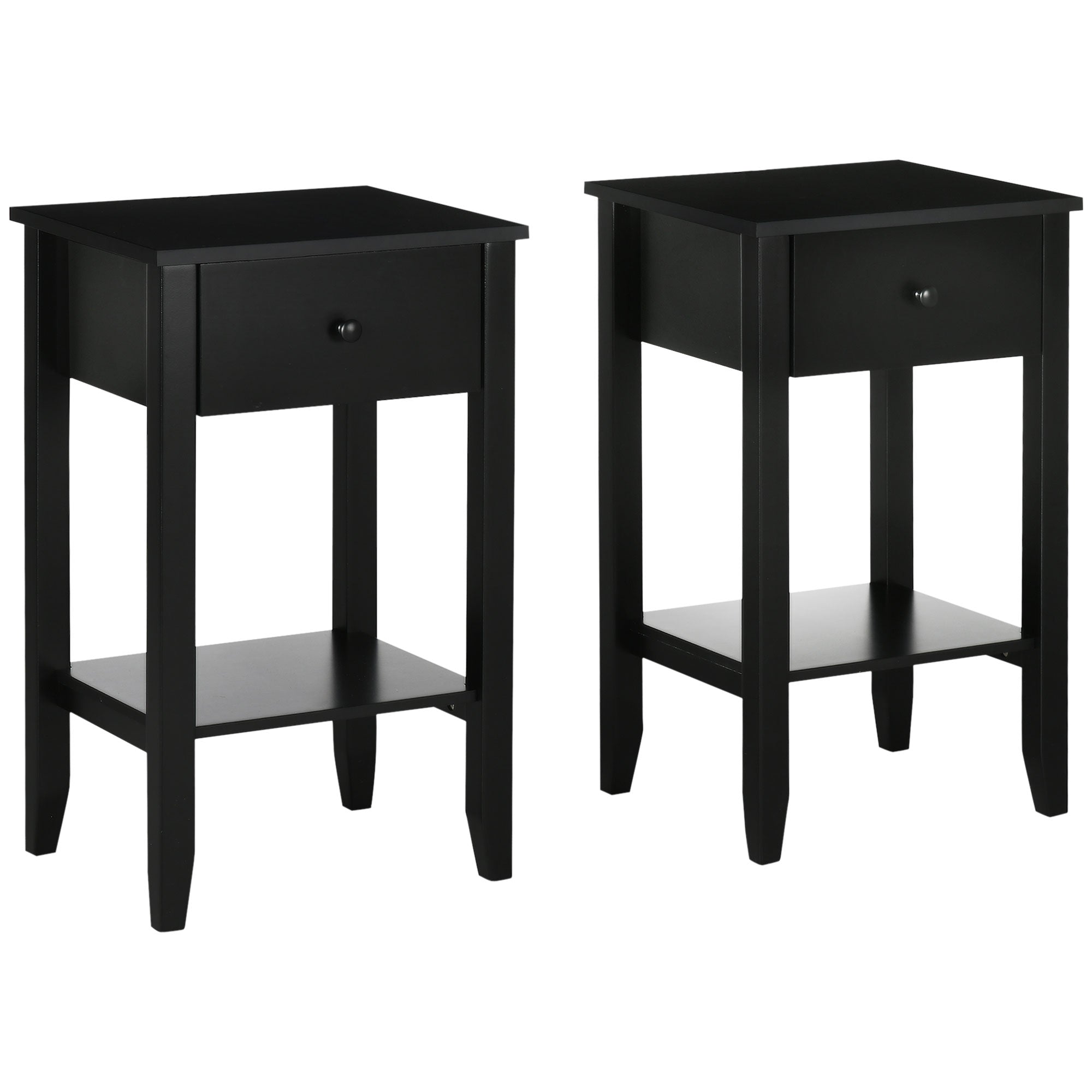 HOMCOM Side Table Set of 2, End Tables with Drawer and Bottom Shelf, 2-tier Nightstand for Bedroom, Living Room, Black
