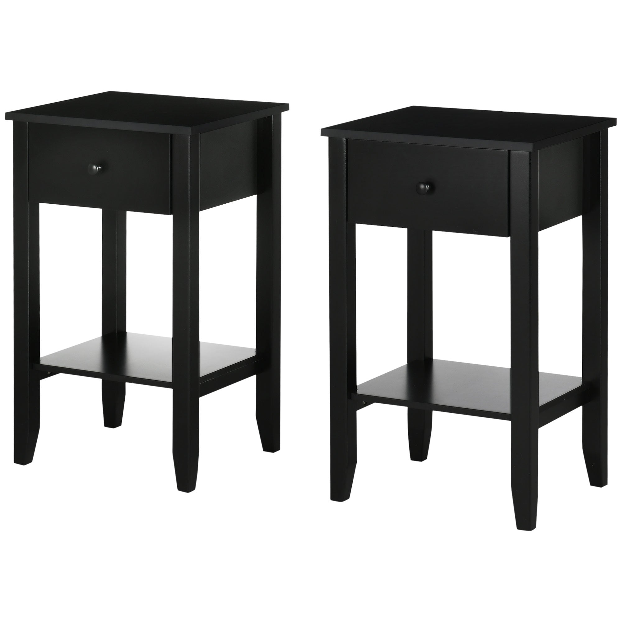 HOMCOM Side Table Set of 2, End Tables with Drawer and Bottom Shelf, 2-tier Nightstand for Bedroom, Living Room, Black