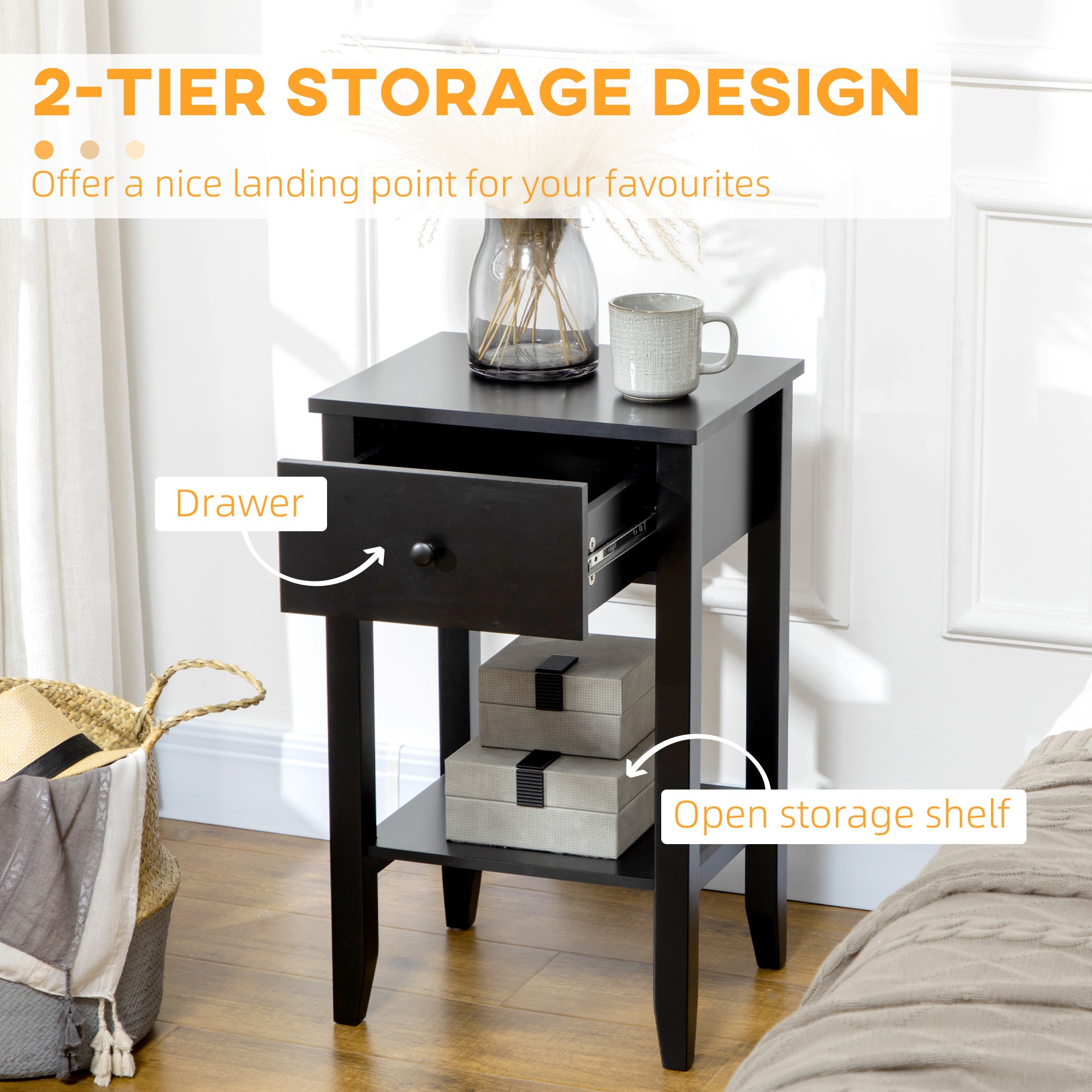 HOMCOM Side Table Set of 2, End Tables with Drawer and Bottom Shelf, 2-tier Nightstand for Bedroom, Living Room, Black