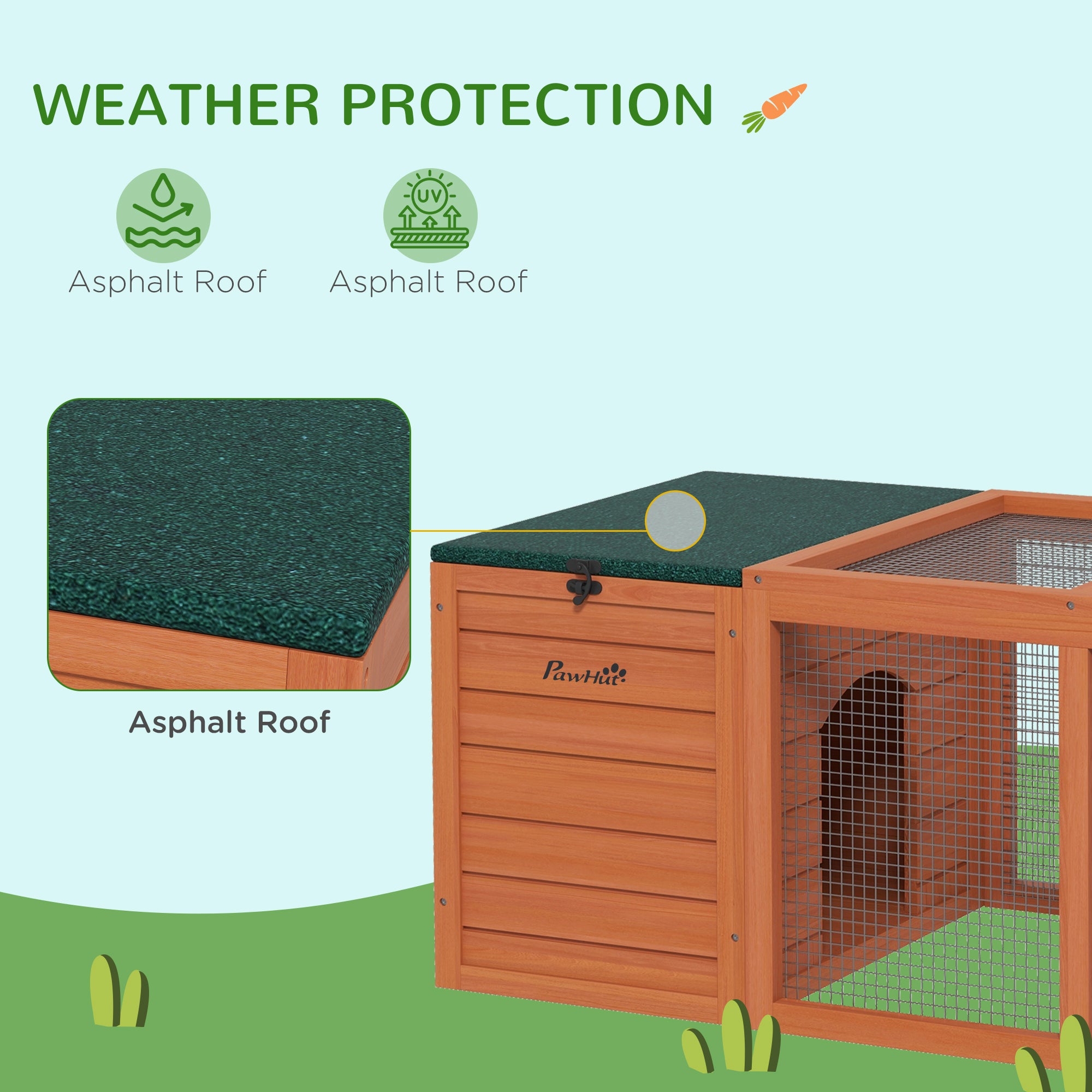 PawHut Rabbit Bunny Hutch Indoor Outdoor, Wooden Small Animal Cage Guinea Pig House with Double Main House, Openable Tops, Asphalt Roofs, 55" x 20.5" x 18", Orange