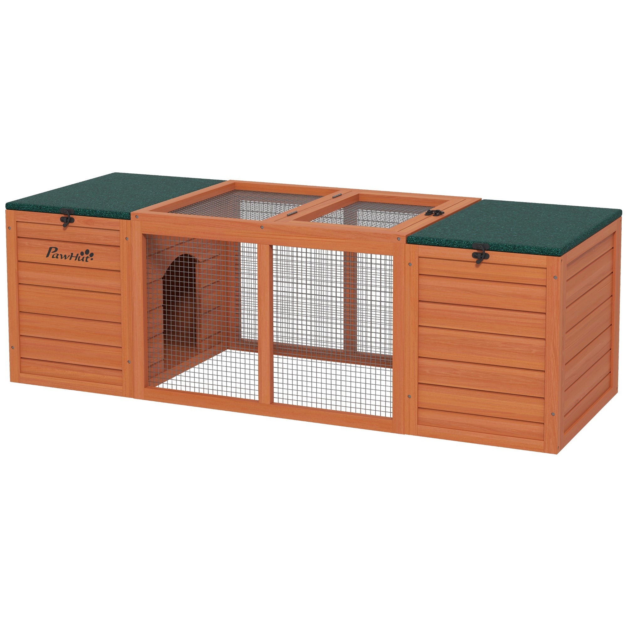 PawHut Rabbit Bunny Hutch Indoor Outdoor, Wooden Small Animal Cage Guinea Pig House with Double Main House, Openable Tops, Asphalt Roofs, 55" x 20.5" x 18", Orange