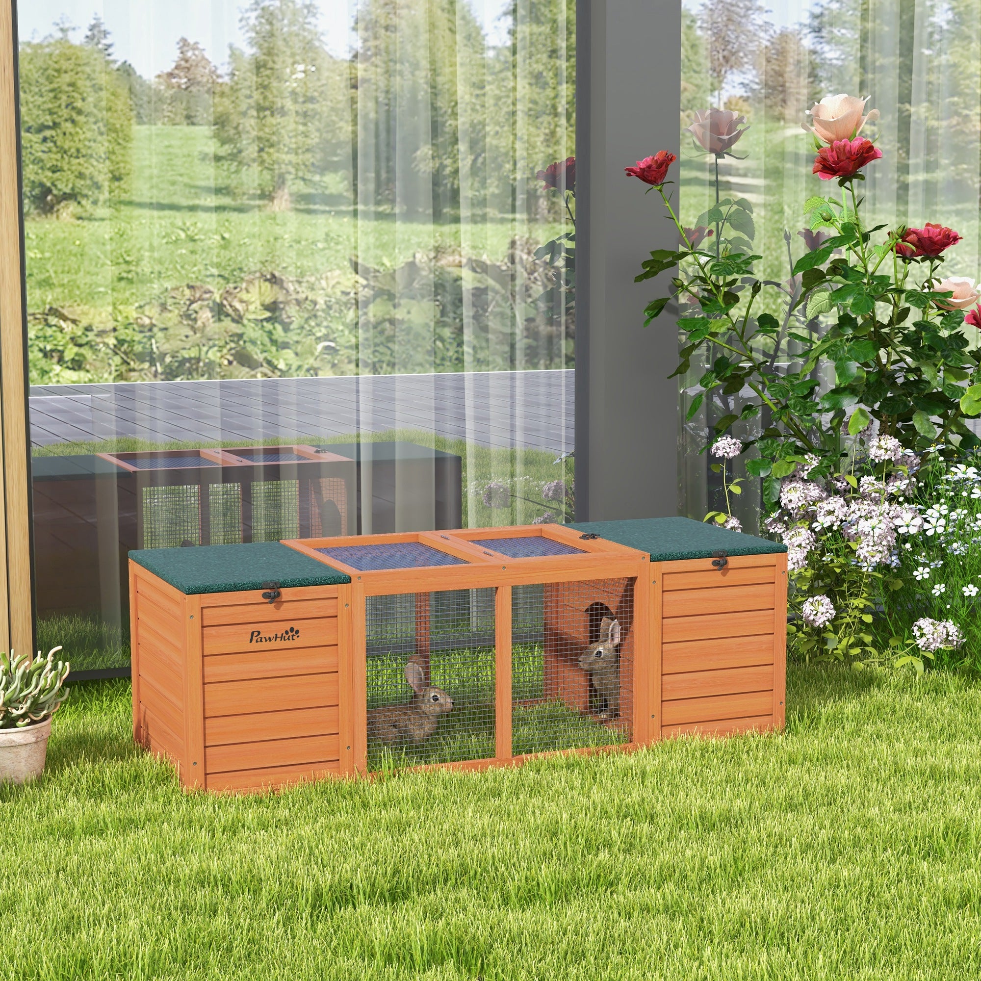 PawHut Rabbit Bunny Hutch Indoor Outdoor, Wooden Small Animal Cage Guinea Pig House with Double Main House, Openable Tops, Asphalt Roofs, 55" x 20.5" x 18", Orange