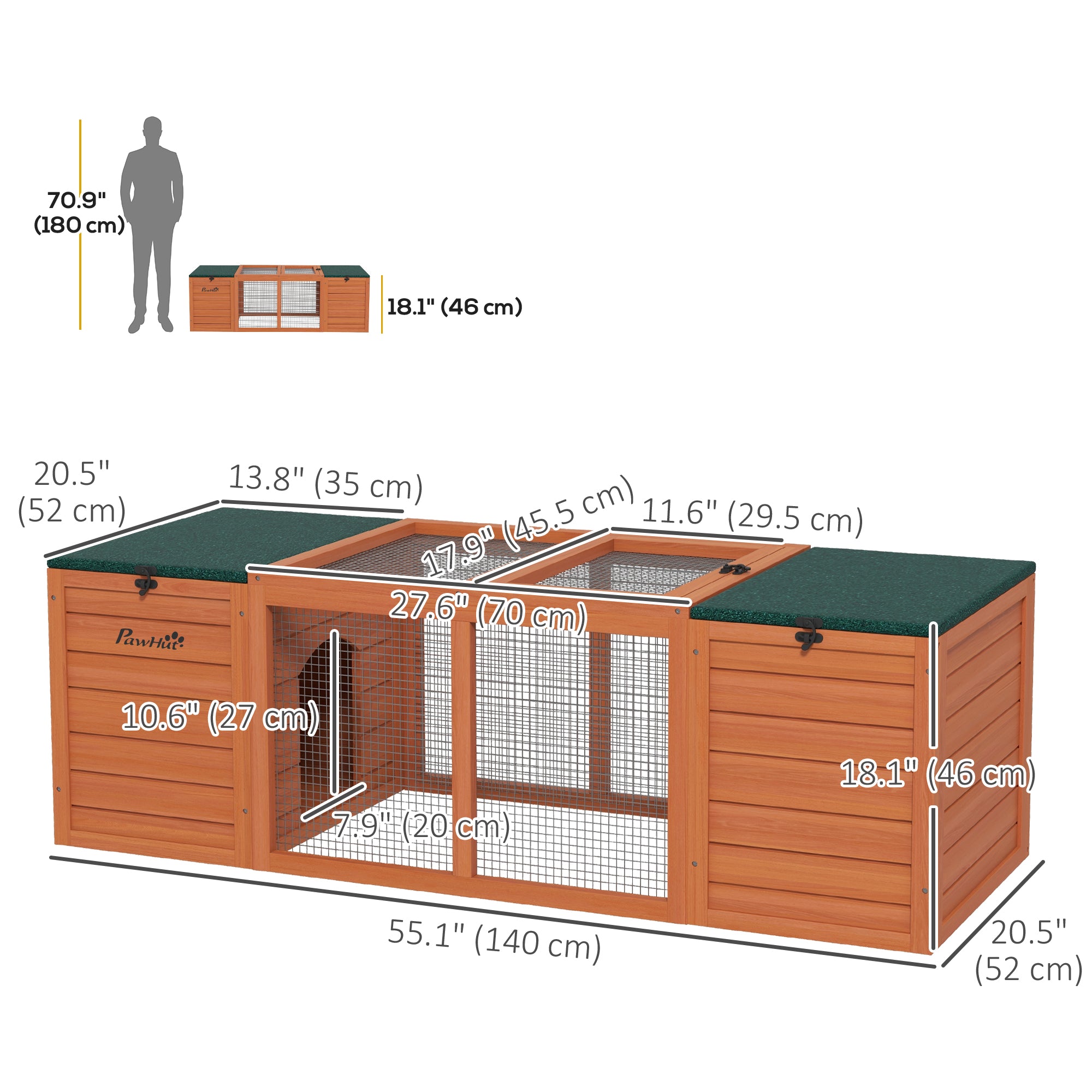 PawHut Rabbit Bunny Hutch Indoor Outdoor, Wooden Small Animal Cage Guinea Pig House with Double Main House, Openable Tops, Asphalt Roofs, 55" x 20.5" x 18", Orange