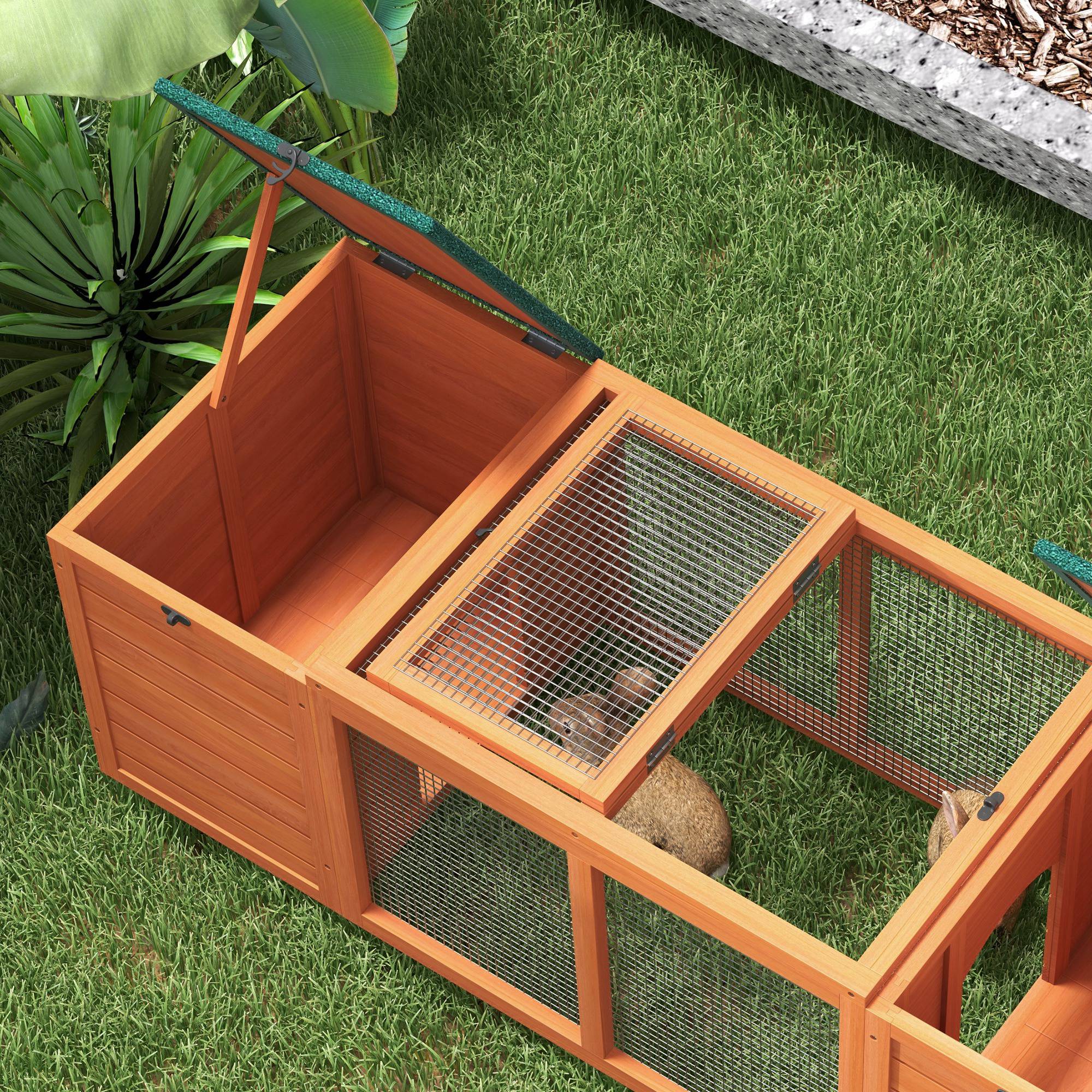 PawHut Rabbit Bunny Hutch Indoor Outdoor, Wooden Small Animal Cage Guinea Pig House with Double Main House, Openable Tops, Asphalt Roofs, 55" x 20.5" x 18", Orange