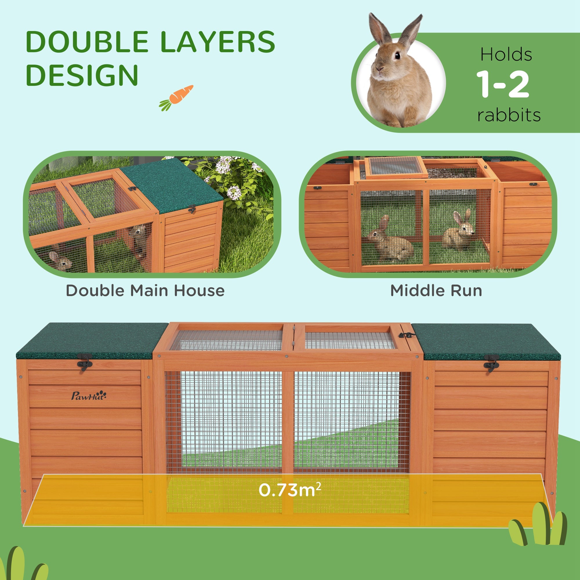 PawHut Rabbit Bunny Hutch Indoor Outdoor, Wooden Small Animal Cage Guinea Pig House with Double Main House, Openable Tops, Asphalt Roofs, 55" x 20.5" x 18", Orange