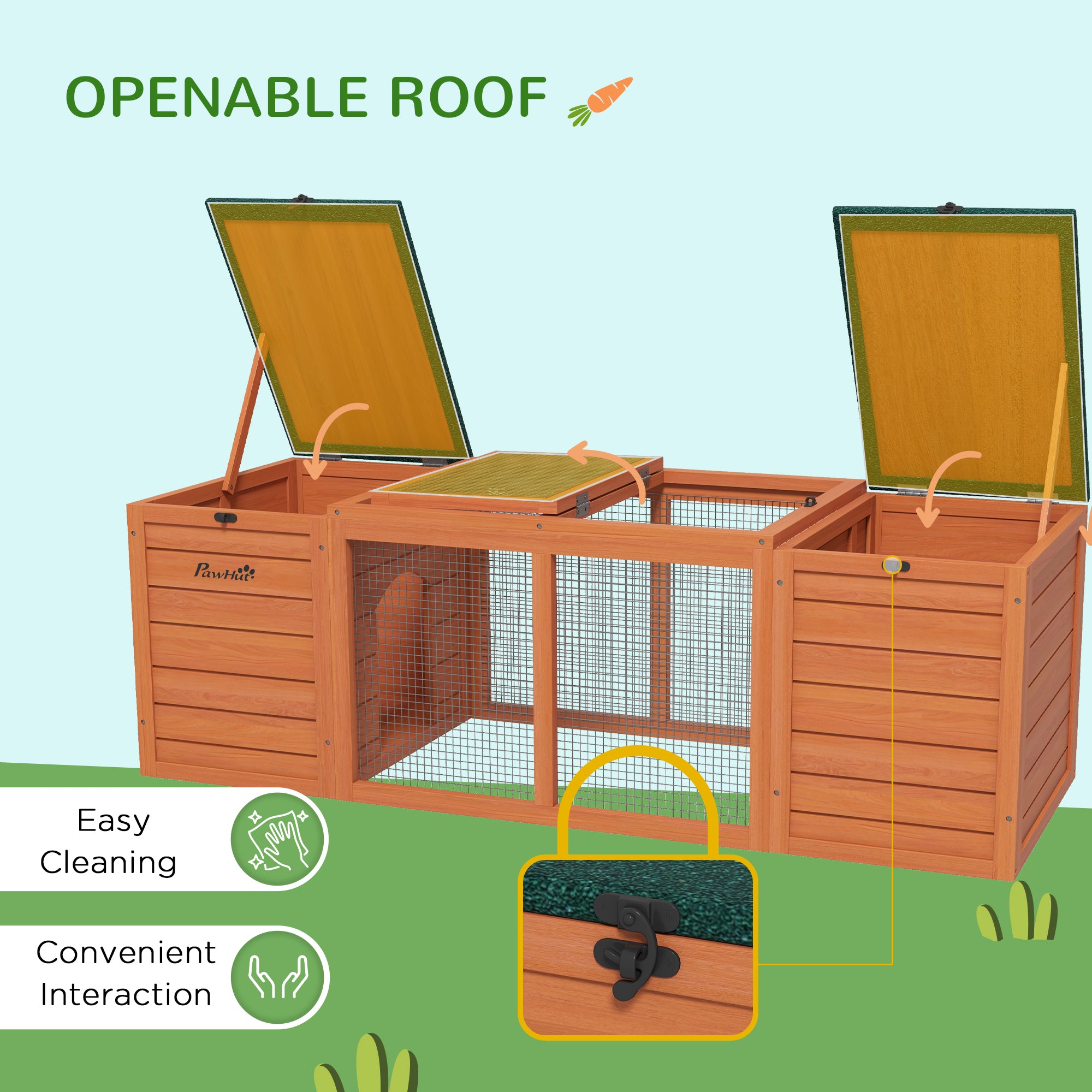 PawHut Rabbit Bunny Hutch Indoor Outdoor, Wooden Small Animal Cage Guinea Pig House with Double Main House, Openable Tops, Asphalt Roofs, 55" x 20.5" x 18", Orange