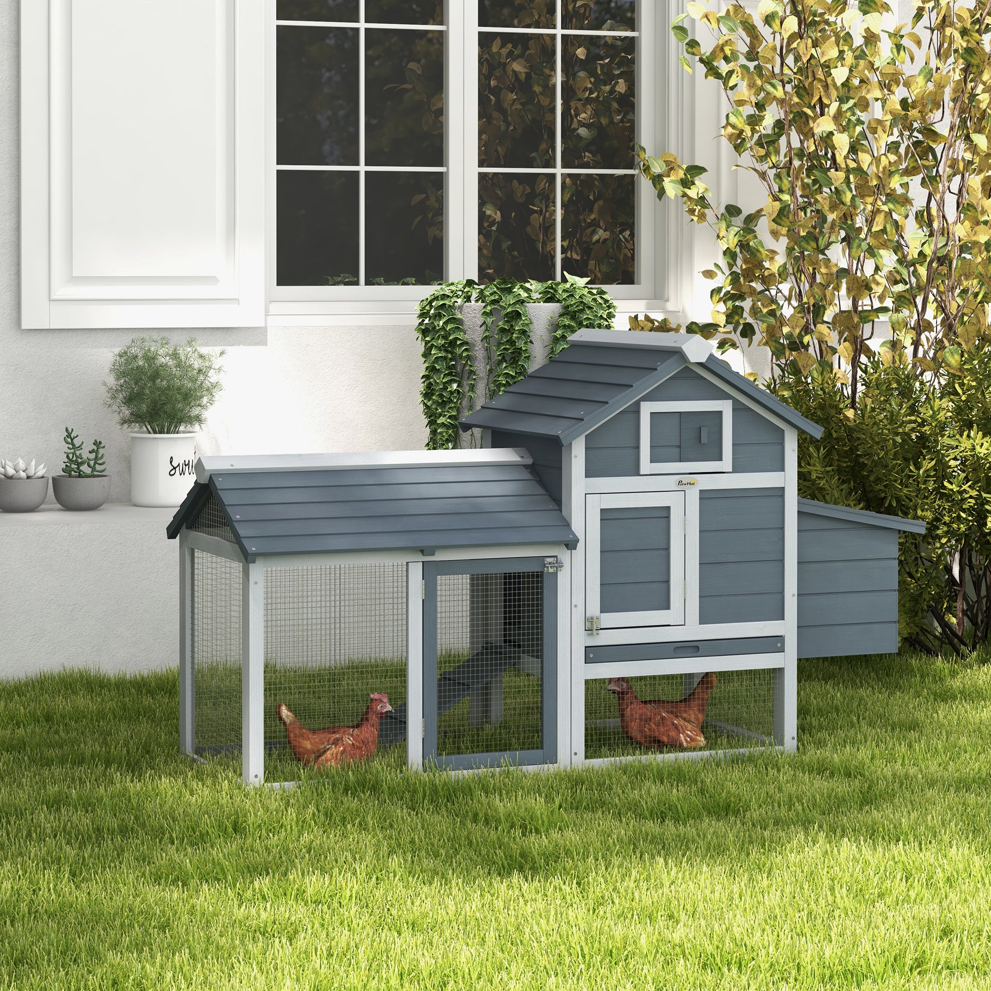 PawHut Small Chicken Coop with Run Hen House Poultry Coops Cages Nesting Box Grey 150.5 x 54 x 87cm