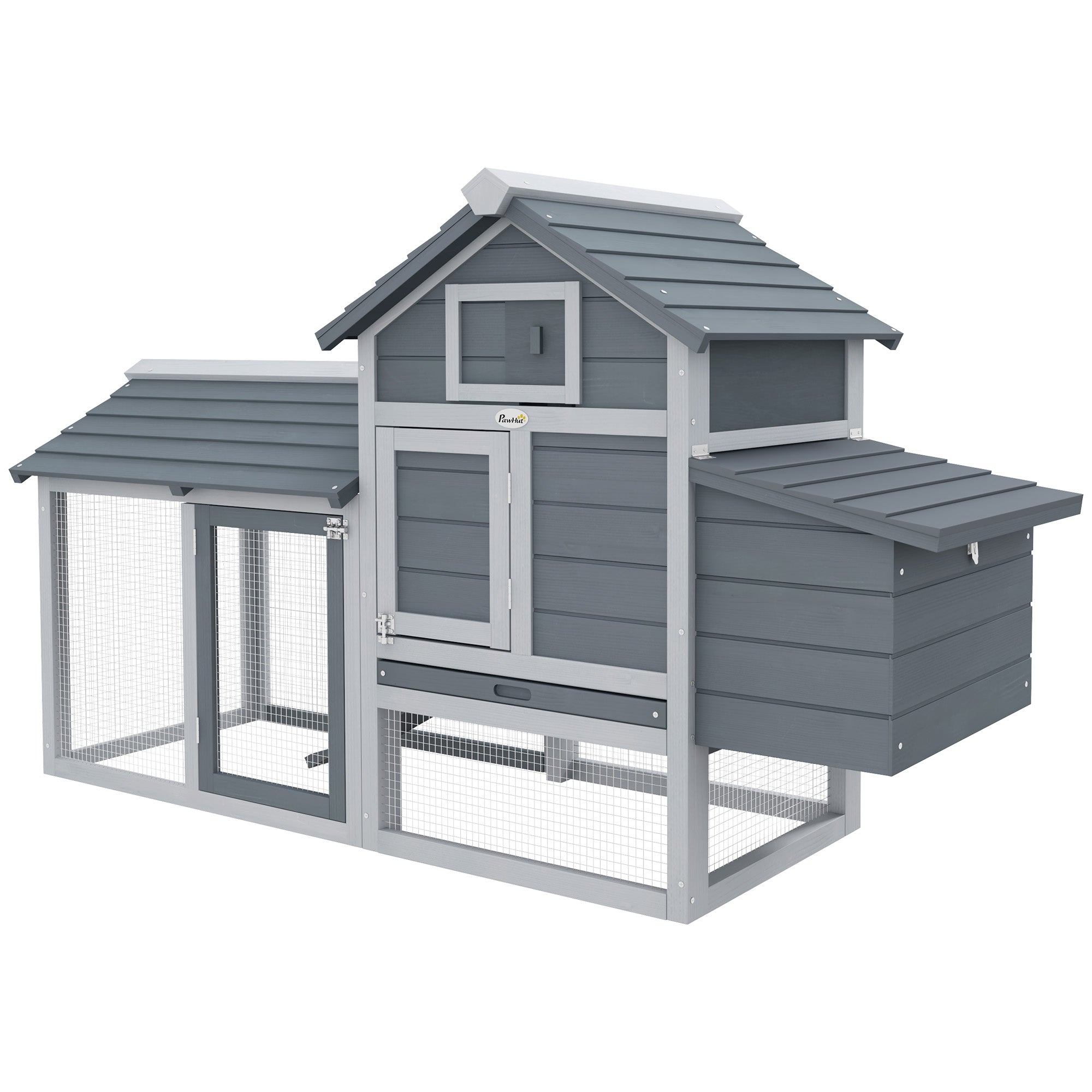 PawHut Small Chicken Coop with Run Hen House Poultry Coops Cages Nesting Box Grey 150.5 x 54 x 87cm