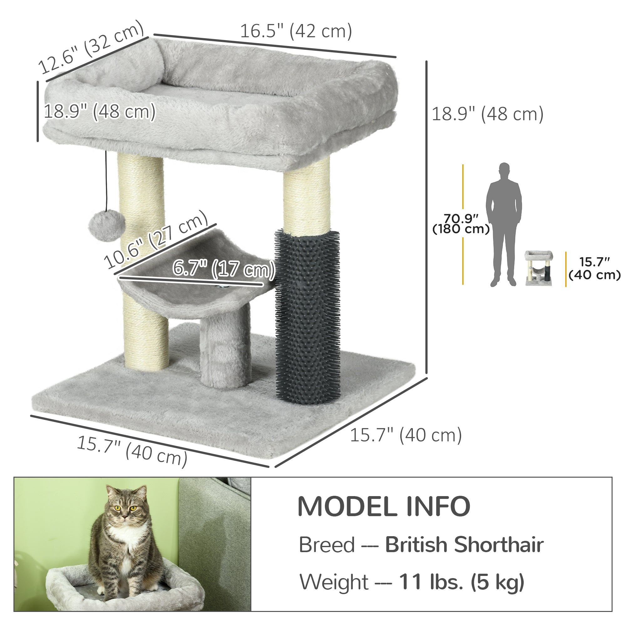 PawHut 19" Cat Tree, Small Cat Tower Condo with Sisal Scratching Post, Kitten Activity Centre with Bed, Self Groomer, Perch, Dangling Ball, Grey