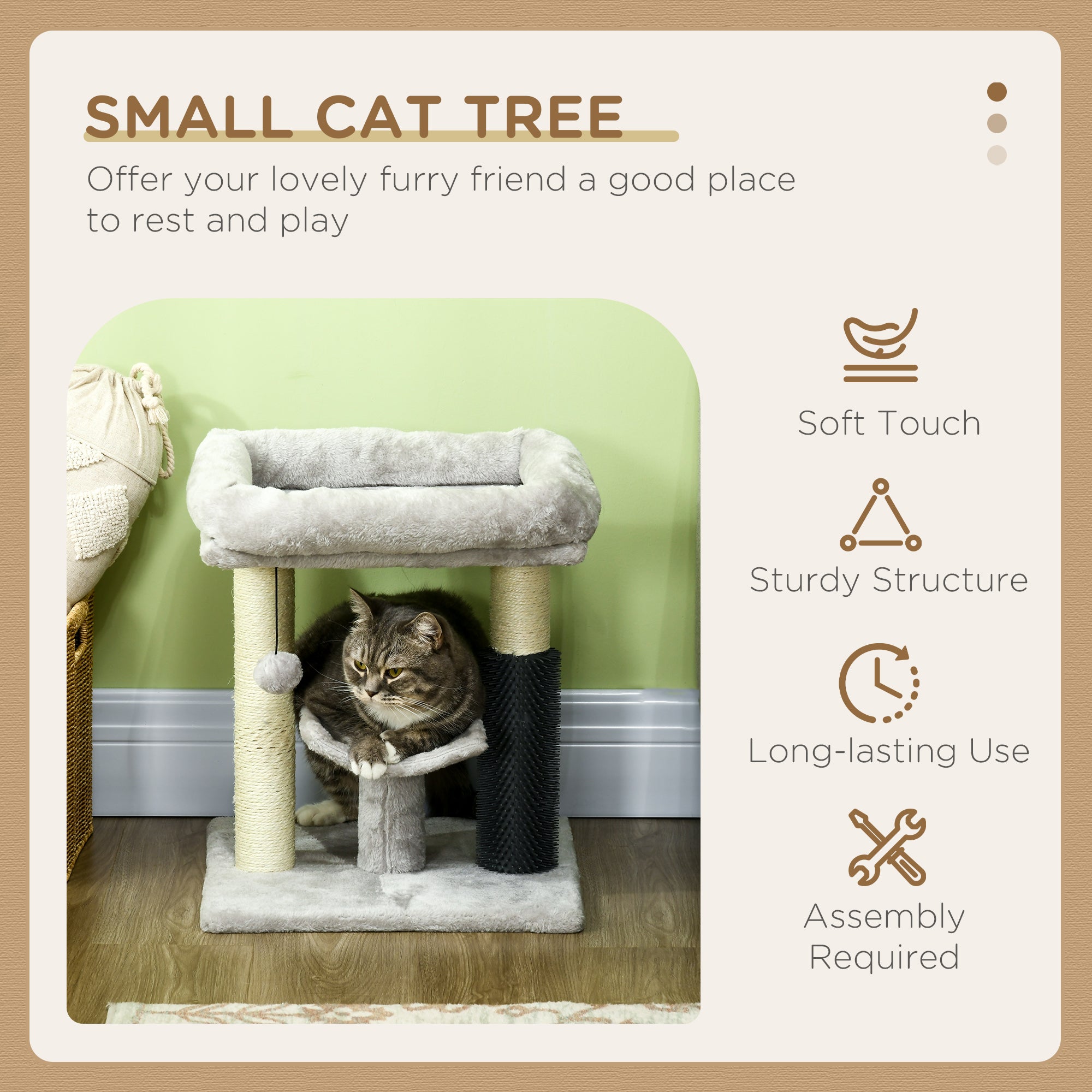 PawHut 19" Cat Tree, Small Cat Tower Condo with Sisal Scratching Post, Kitten Activity Centre with Bed, Self Groomer, Perch, Dangling Ball, Grey