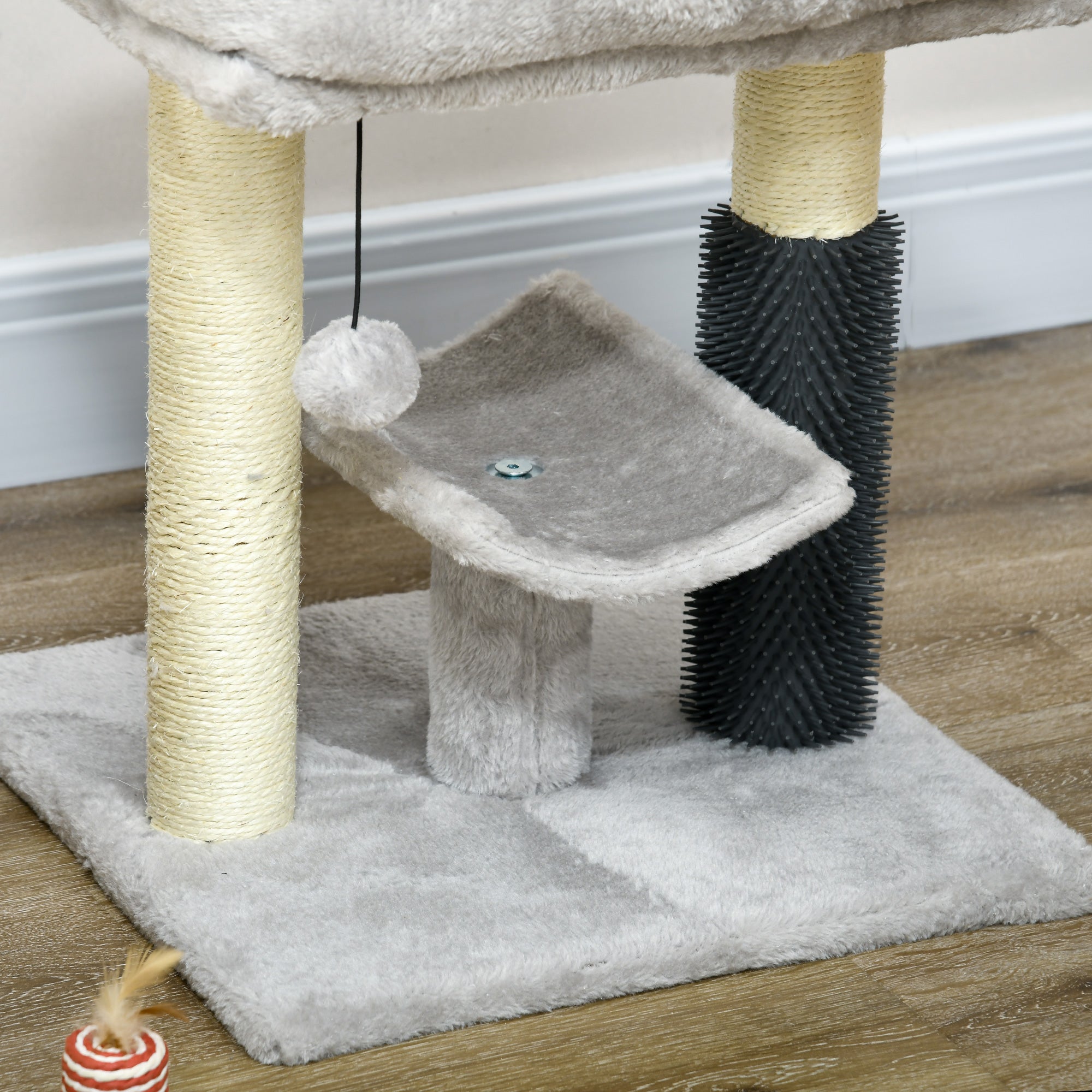 PawHut 19" Cat Tree, Small Cat Tower Condo with Sisal Scratching Post, Kitten Activity Centre with Bed, Self Groomer, Perch, Dangling Ball, Grey
