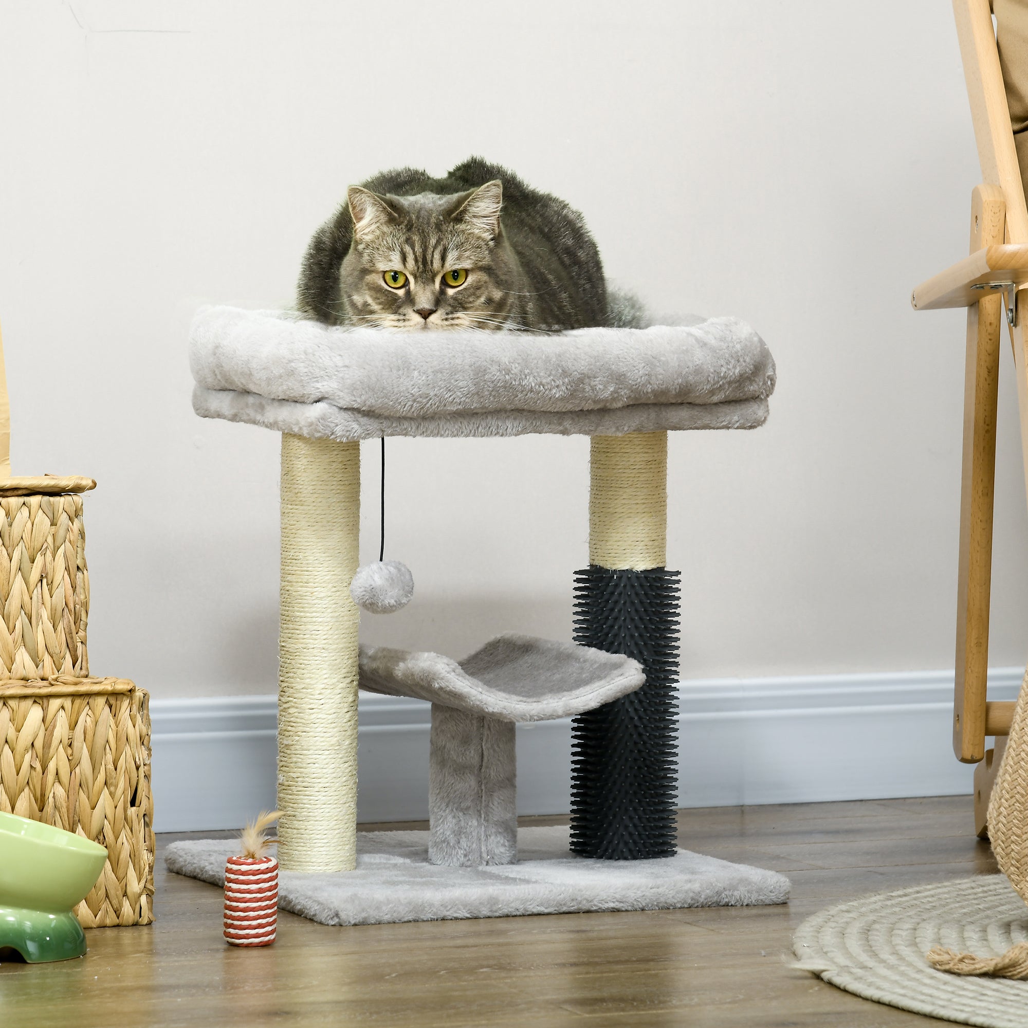 PawHut 19" Cat Tree, Small Cat Tower Condo with Sisal Scratching Post, Kitten Activity Centre with Bed, Self Groomer, Perch, Dangling Ball, Grey
