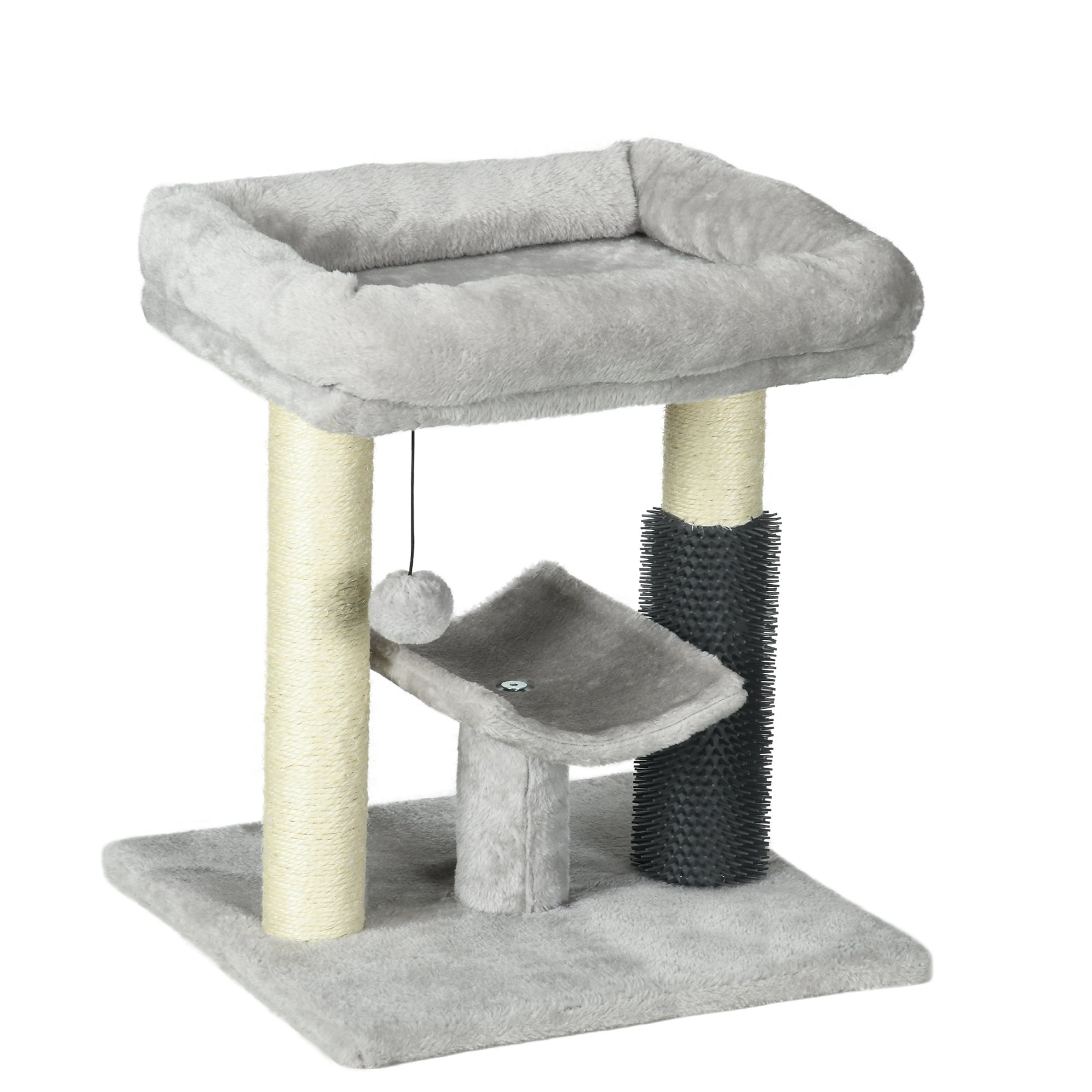 PawHut 19" Cat Tree, Small Cat Tower Condo with Sisal Scratching Post, Kitten Activity Centre with Bed, Self Groomer, Perch, Dangling Ball, Grey