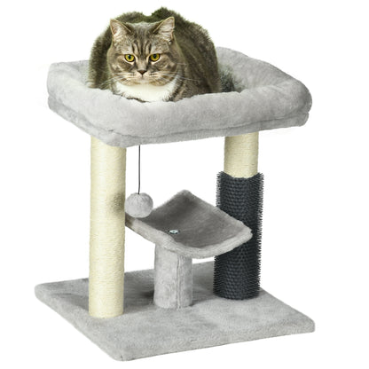 PawHut 19" Cat Tree, Small Cat Tower Condo with Sisal Scratching Post, Kitten Activity Centre with Bed, Self Groomer, Perch, Dangling Ball, Grey