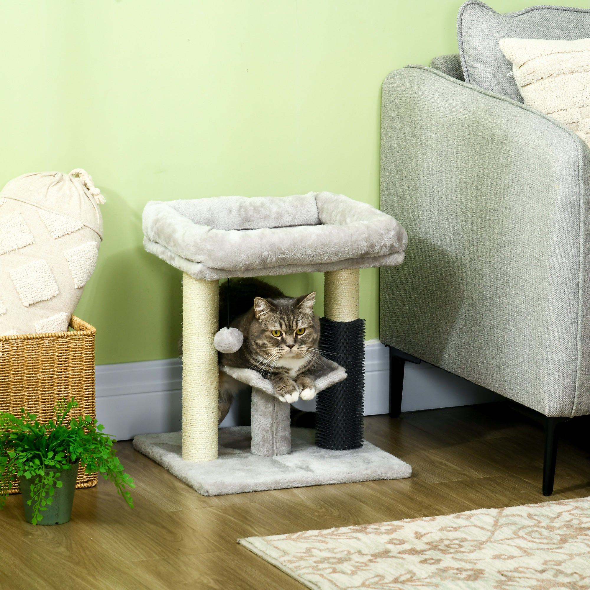 PawHut 19" Cat Tree, Small Cat Tower Condo with Sisal Scratching Post, Kitten Activity Centre with Bed, Self Groomer, Perch, Dangling Ball, Grey