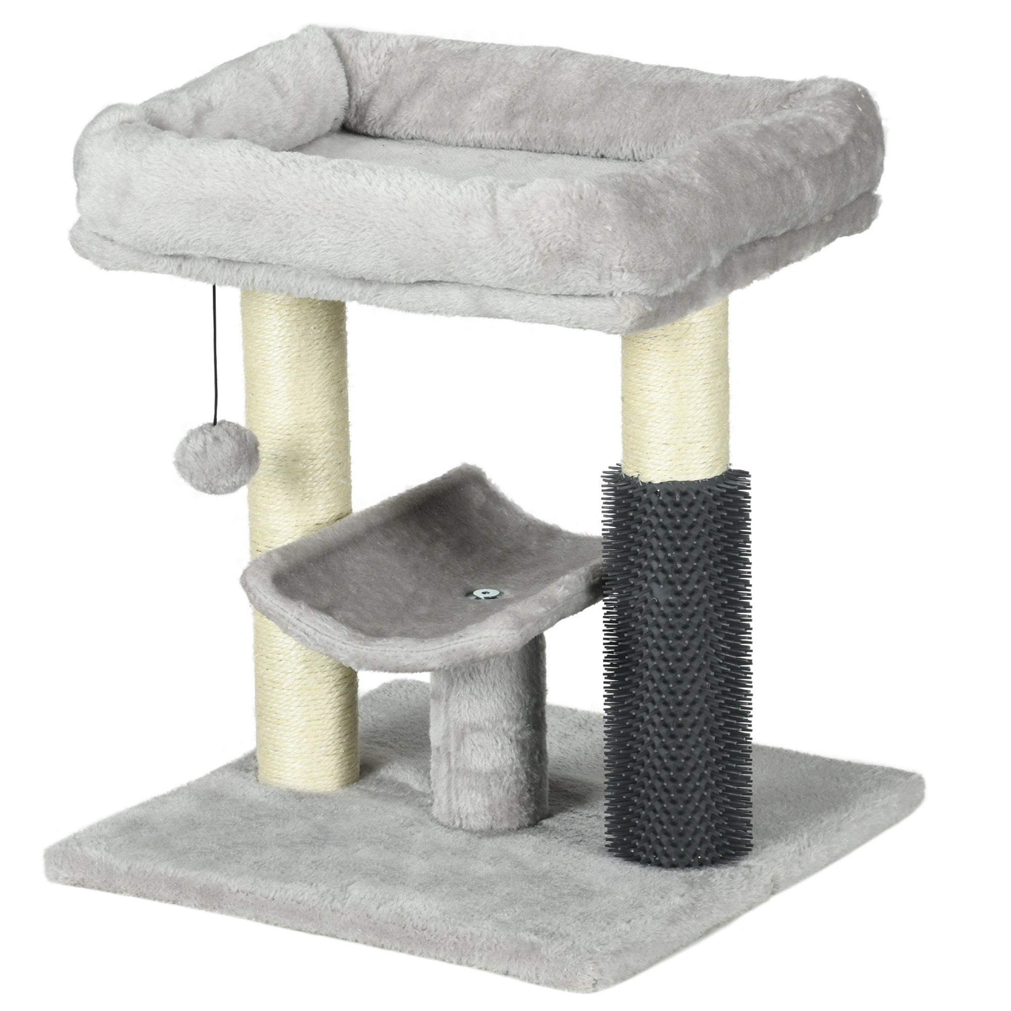 PawHut 19" Cat Tree, Small Cat Tower Condo with Sisal Scratching Post, Kitten Activity Centre with Bed, Self Groomer, Perch, Dangling Ball, Grey