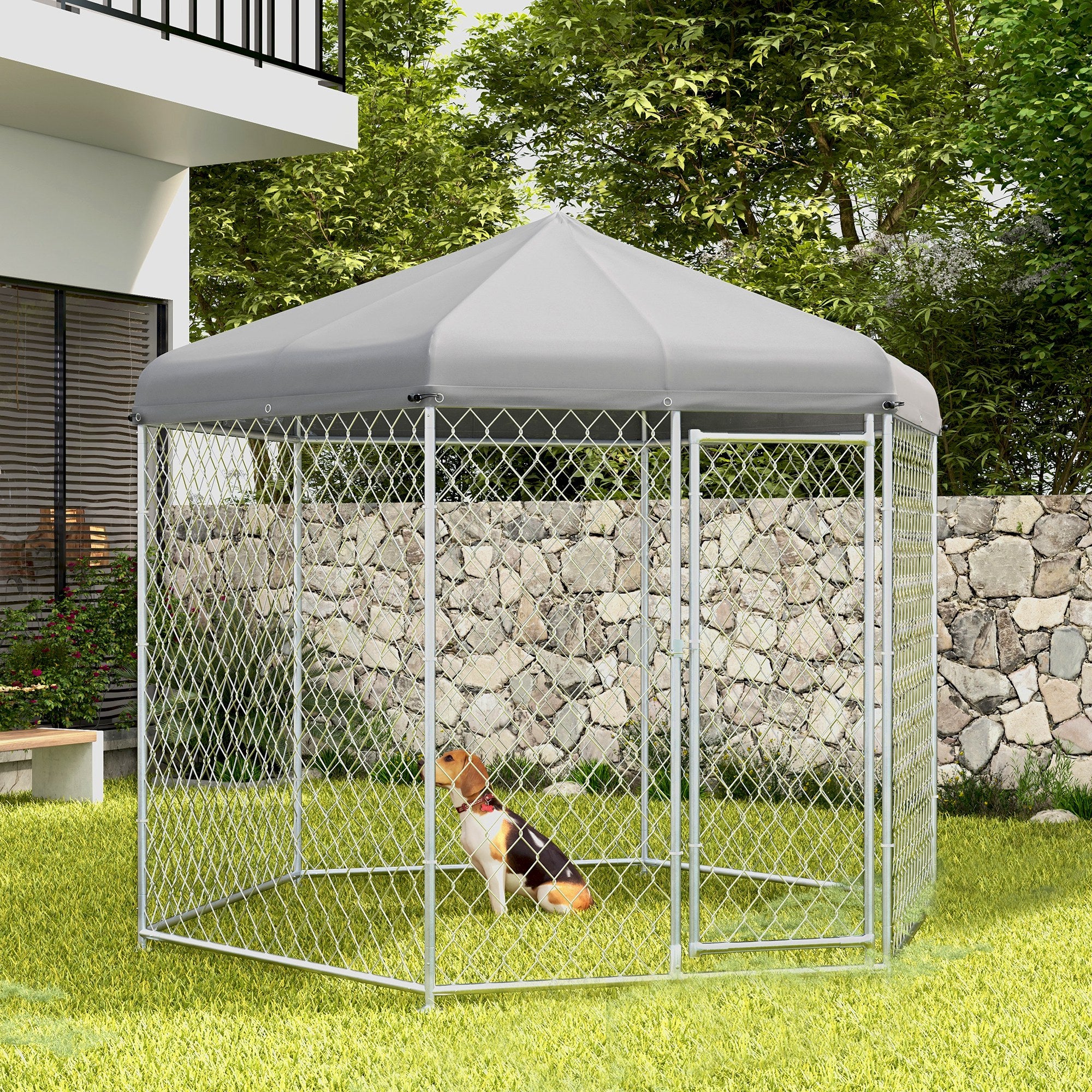 PawHut Outdoor Dog Kennel Dog Run with Waterproof, UV Resistant Cover for Medium and Large Sized Dogs, 9.2' x 8' x 7.7', Silver