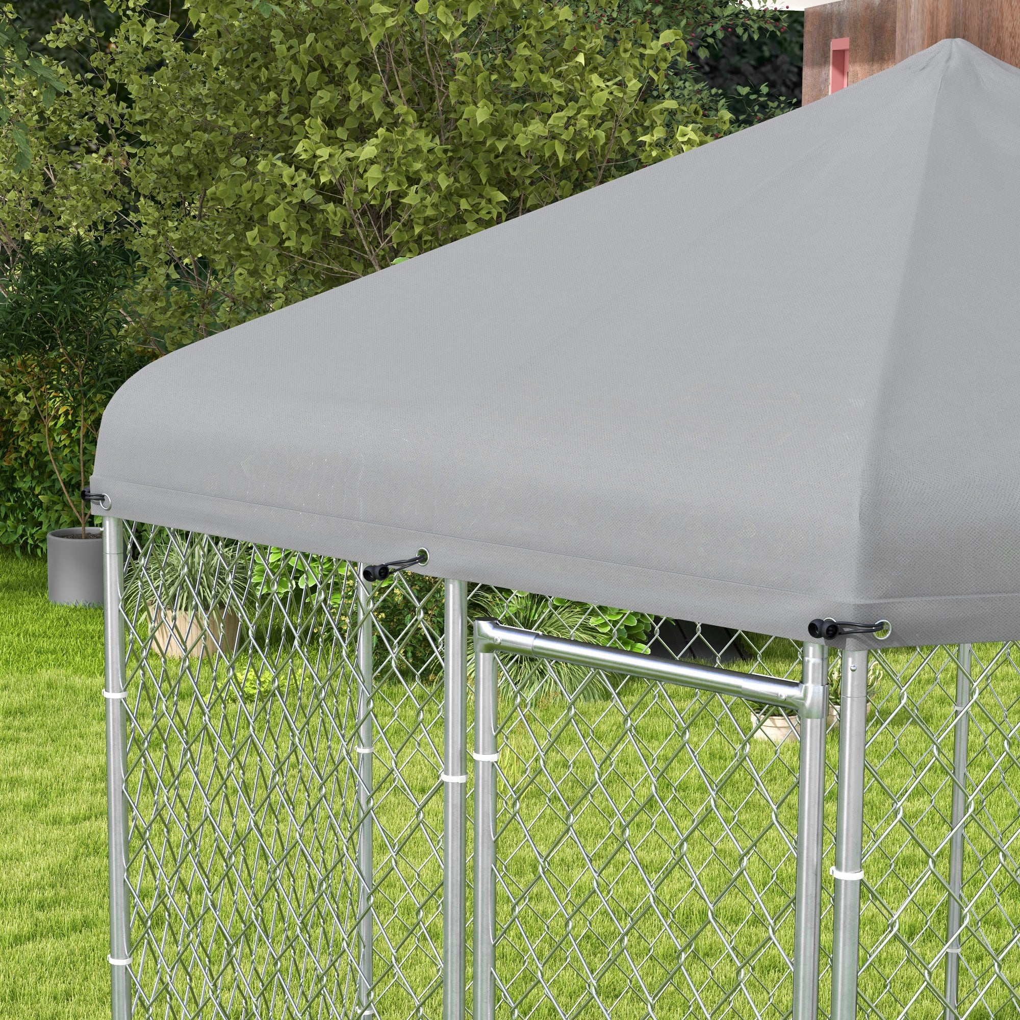 PawHut Outdoor Dog Kennel Dog Run with Waterproof, UV Resistant Cover for Medium and Large Sized Dogs, 9.2' x 8' x 7.7', Silver