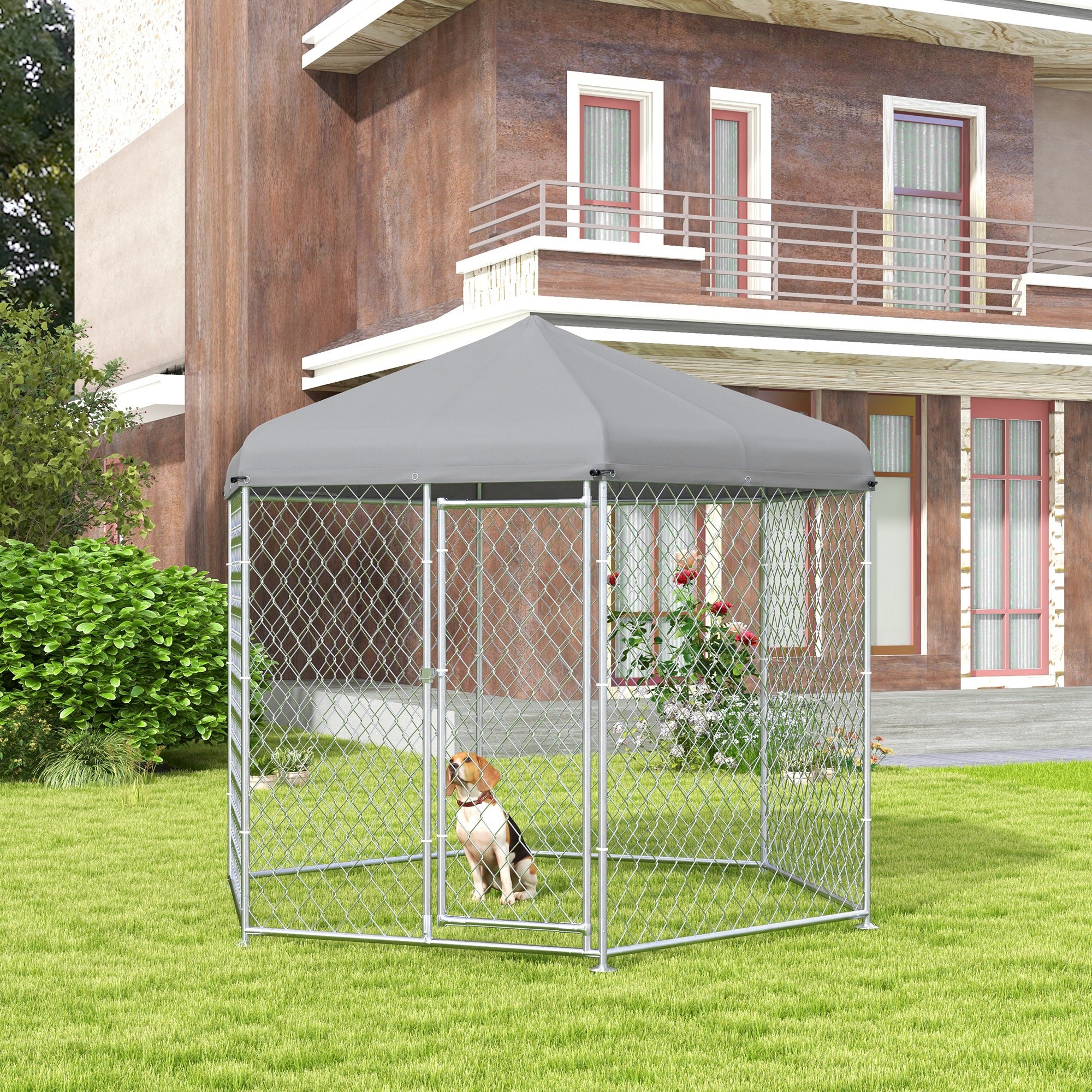 PawHut Outdoor Dog Kennel Dog Run with Waterproof, UV Resistant Cover for Medium and Large Sized Dogs, 9.2' x 8' x 7.7', Silver