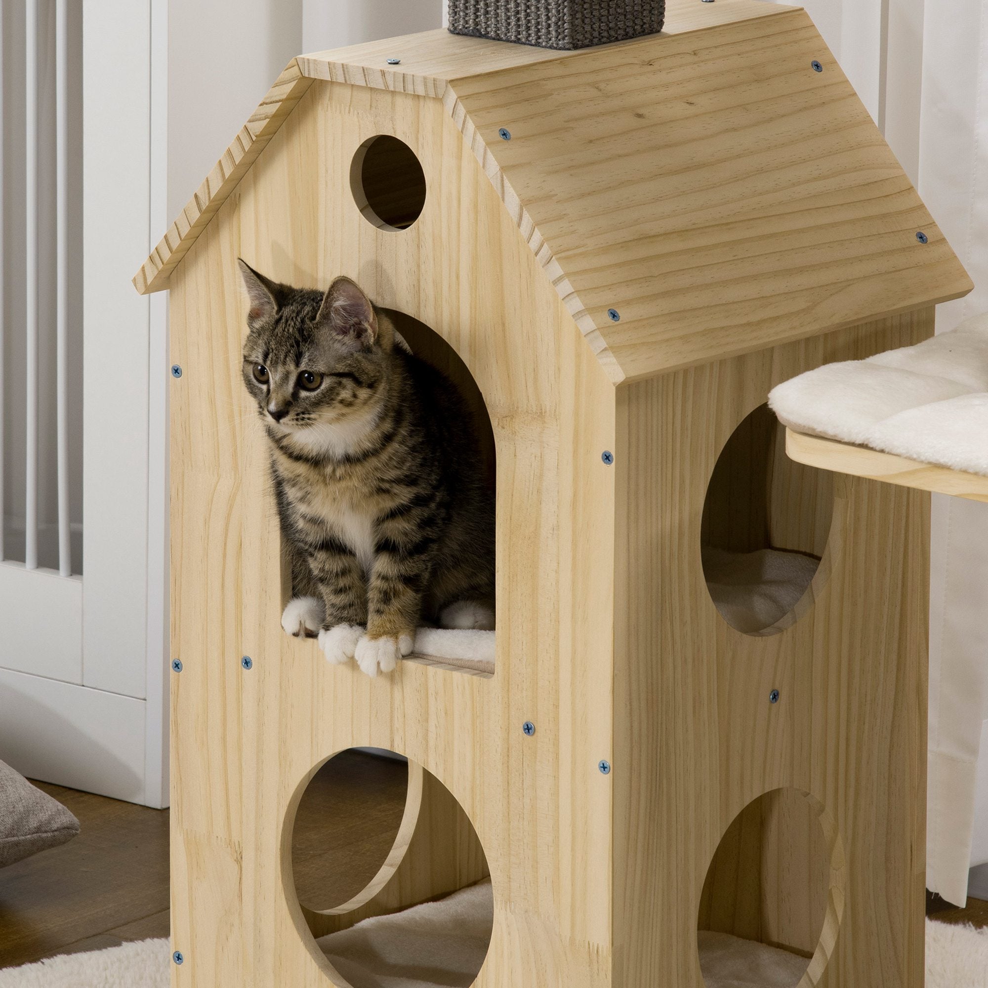 PawHut 53" Modern Cat Tree with Scratching Posts & Wheel, Small Cat Tree with Double-Layer Cushioned House, Small Cat Tower for Indoor Cat Furniture, Climbing Wooden Cat Tree
